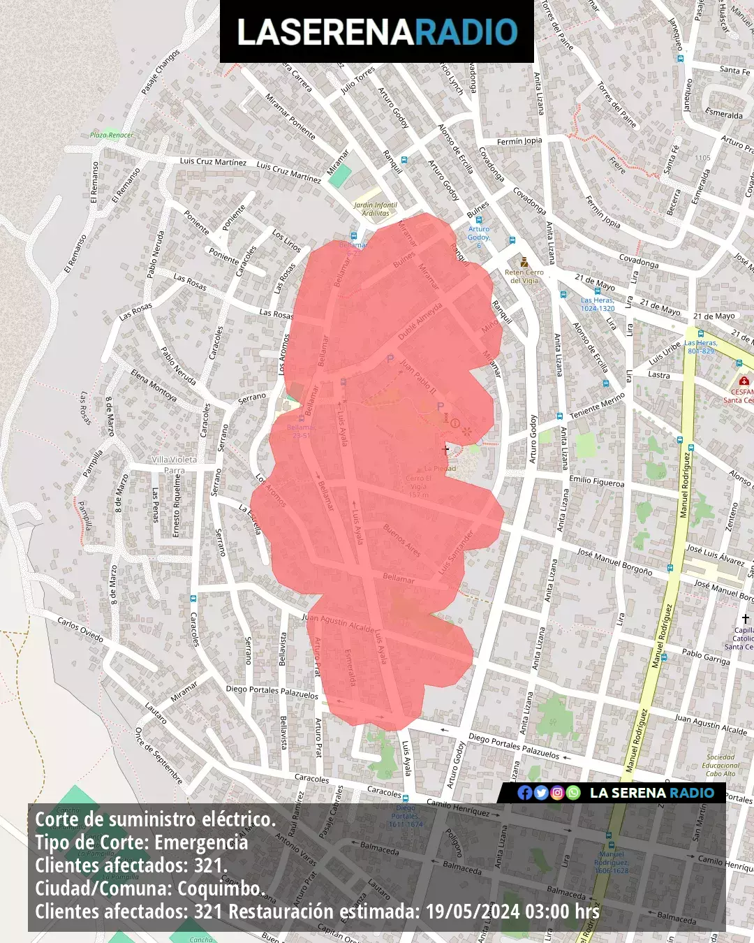 Corte de suministro eléctrico afecta a 321 clientes en Coquimbo