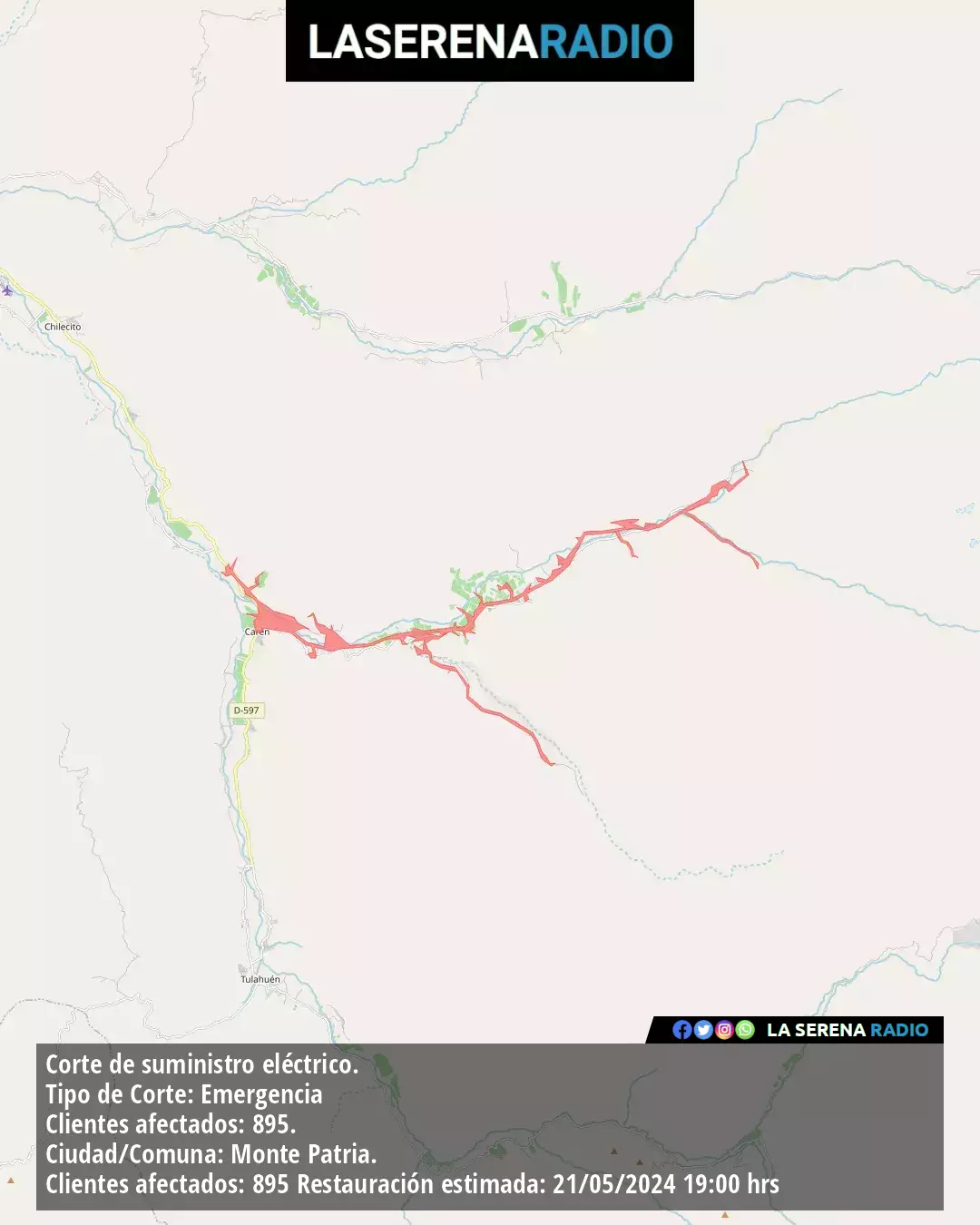 Corte de suministro eléctrico afecta a 895 clientes en Monte Patria