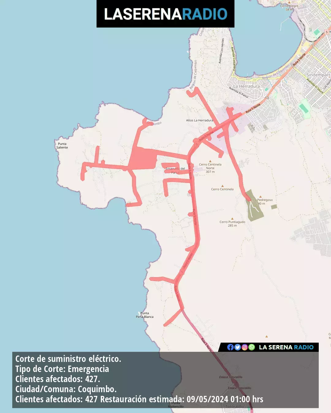 Corte de suministro eléctrico afecta a 427 clientes en Coquimbo