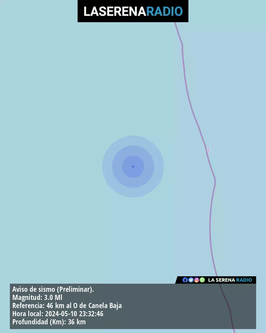 Sismo de menor intensidad a 46 kilómetros al oeste de Canela Baja