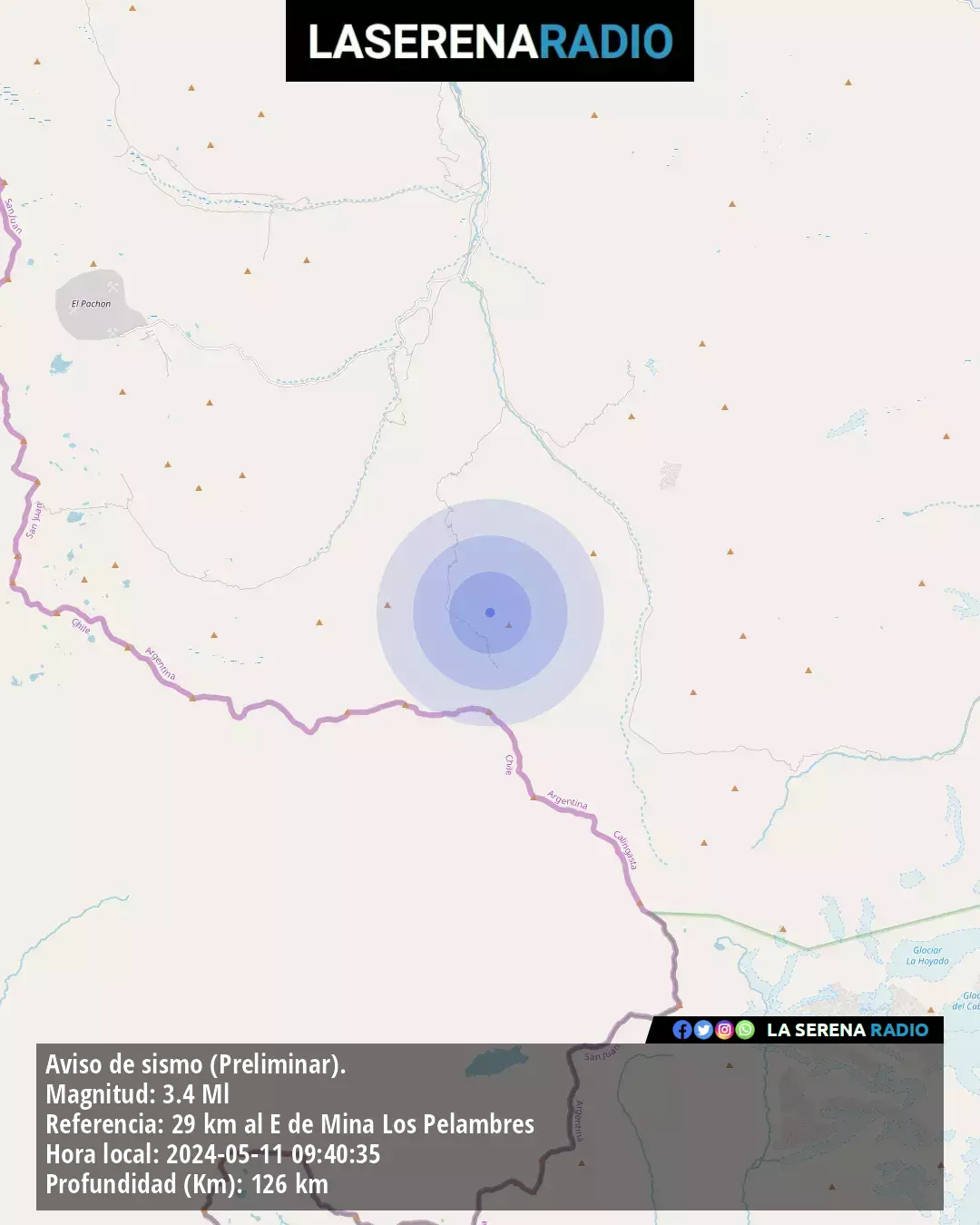 Sismo de menor intensidad a 29 kilómetros al este de Mina Los Pelambres