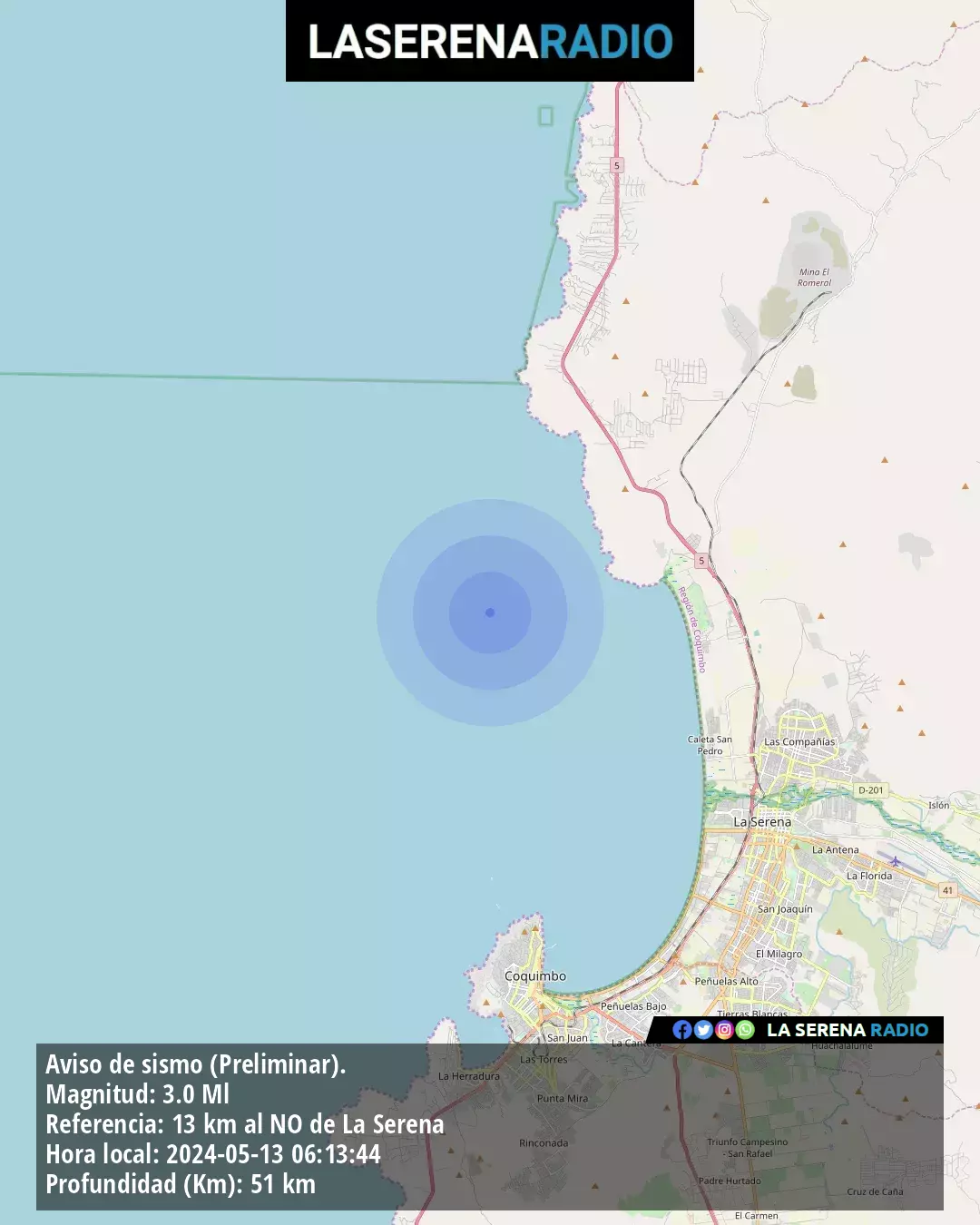 Sismo de menor intensidad a 13 kilómetros al noroeste de La Serena