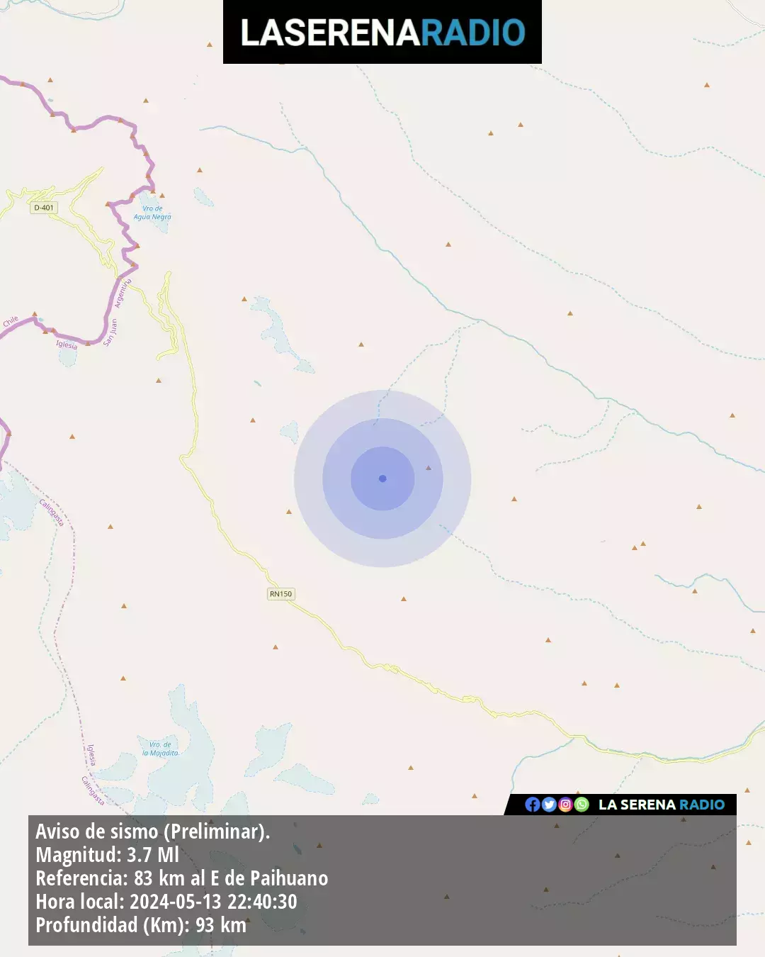 Sismo de menor intensidad a 83 kilómetros al este de Paihuano