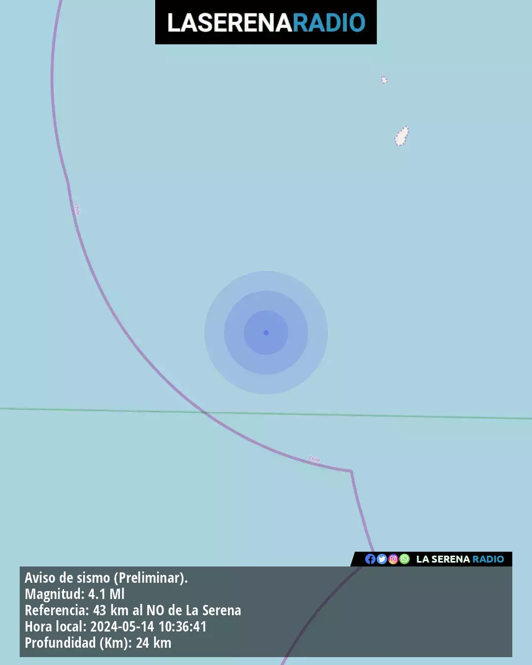 Sismo de mediana intensidad a 43 kilómetros al noroeste de La Serena