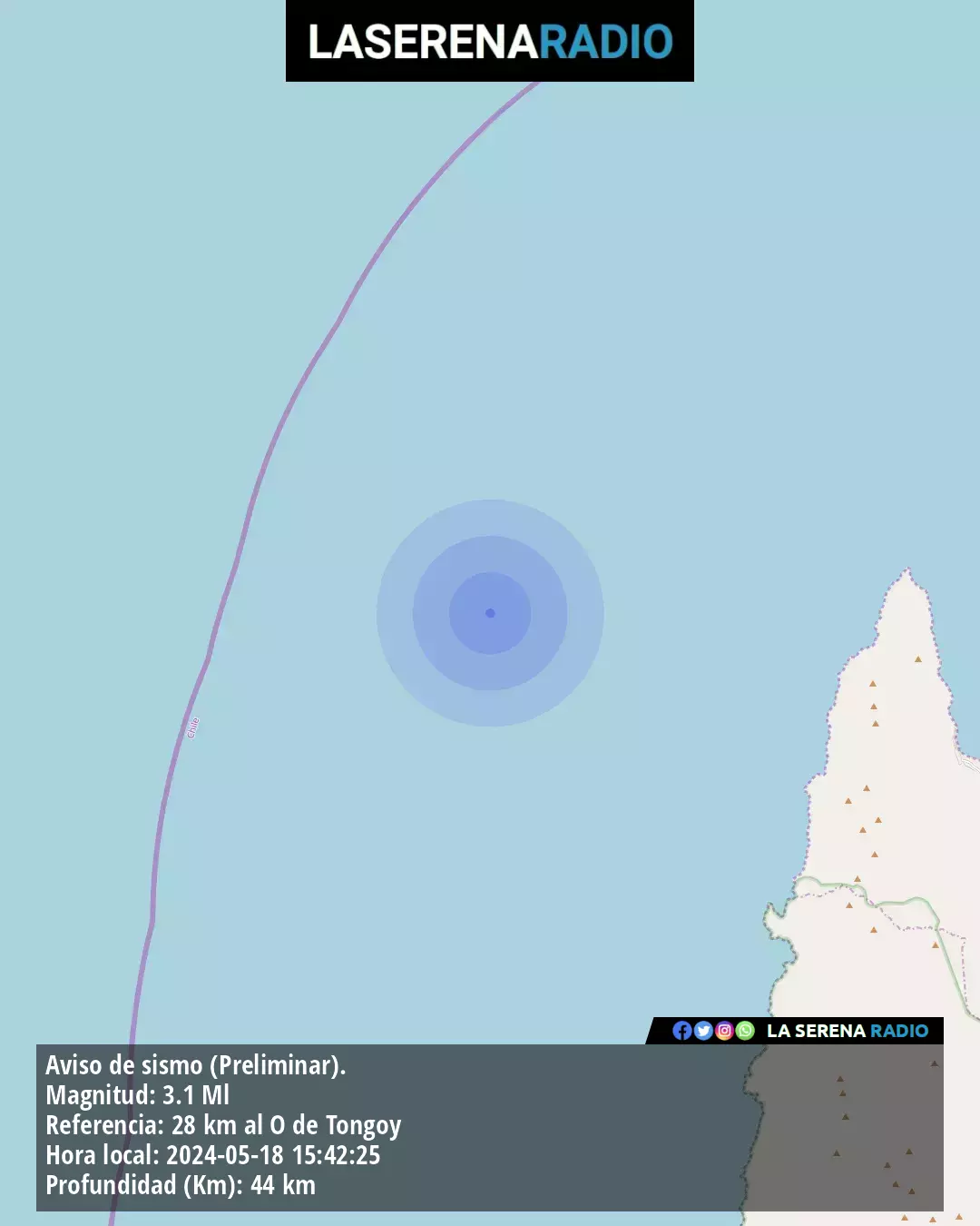 Sismo de menor intensidad a 28 kilómetros al oeste de Tongoy