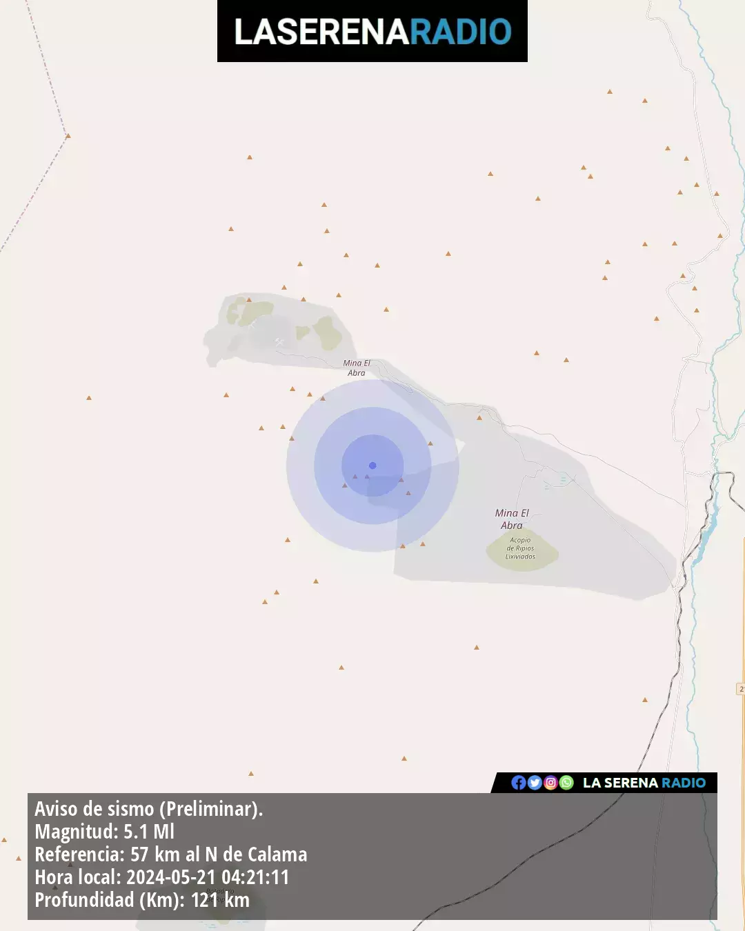 Sismo de mediana intensidad a 57 kilómetros al norte de Calama