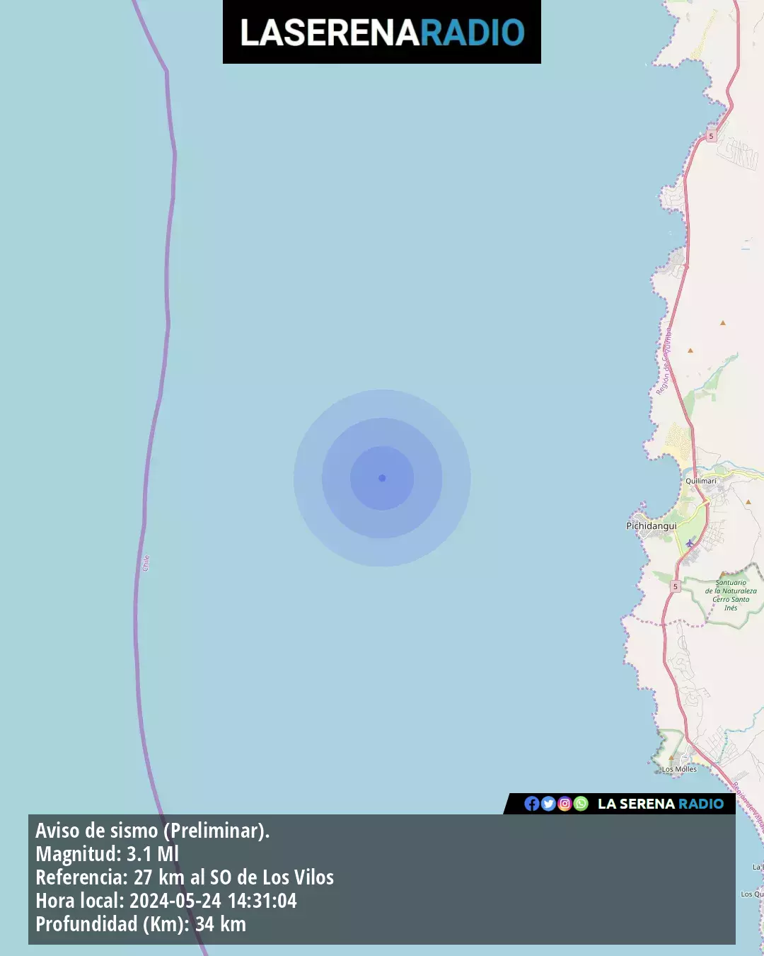 Sismo de menor intensidad a 27 kilómetros al suroeste de Los Vilos