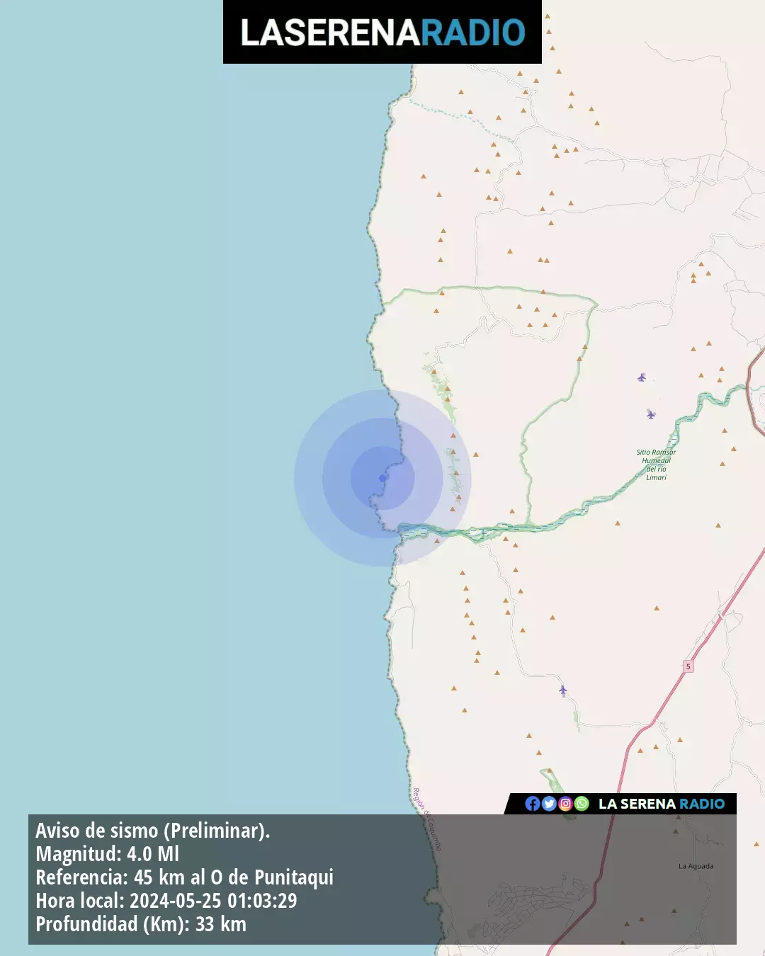 Sismo de mediana intensidad a 45 kilómetros al oeste de Punitaqui