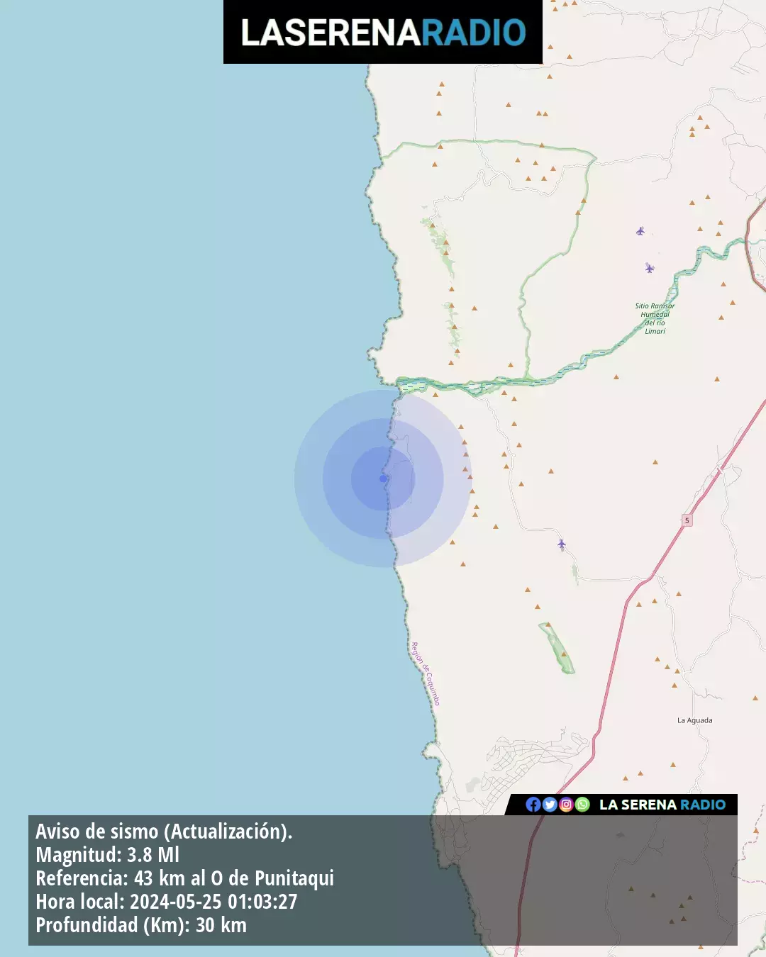 Sismo de menor intensidad a 43 kilómetros al oeste de Punitaqui