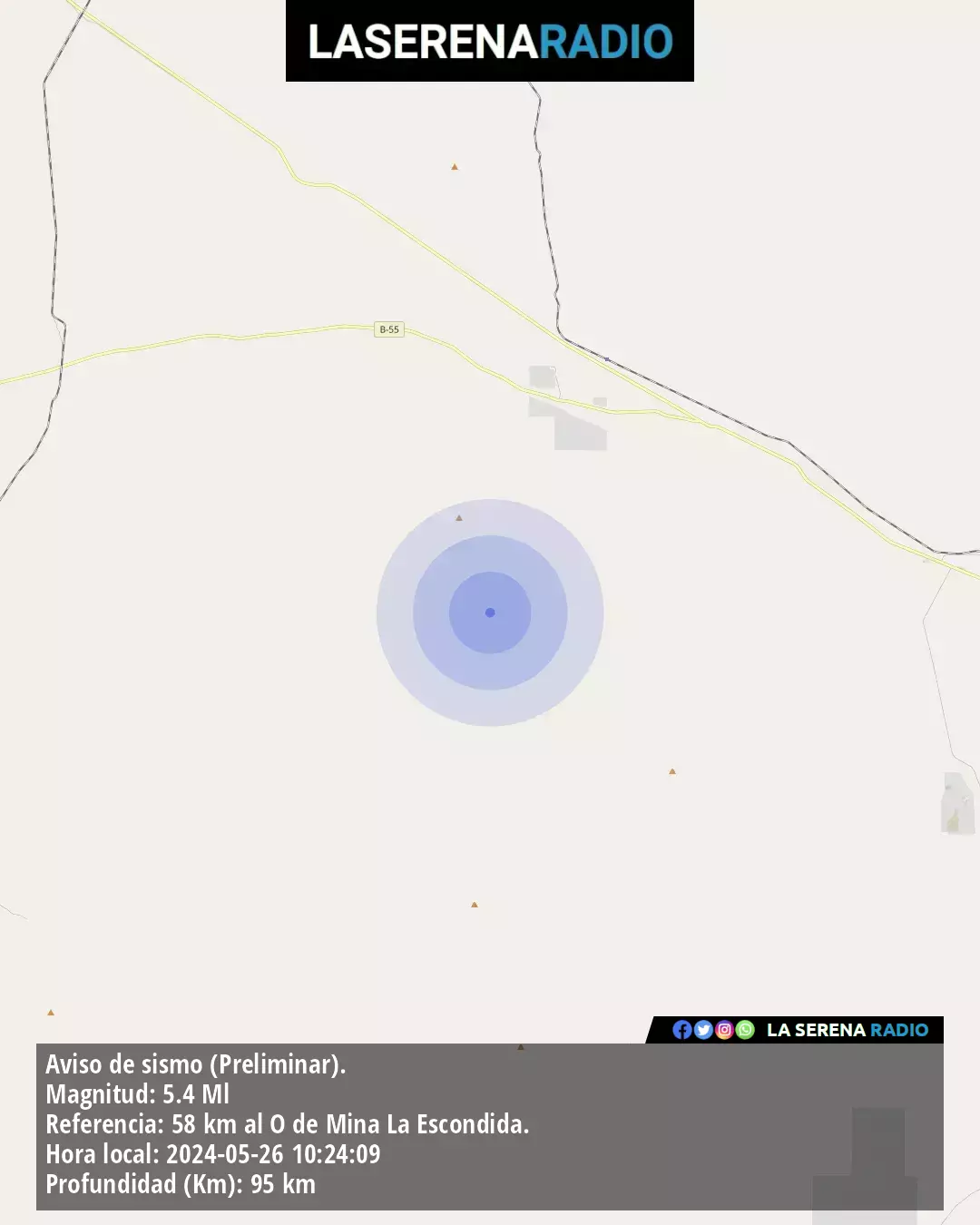 Sismo de mediana intensidad a 58 kilómetros al oeste de Mina La Escondida.