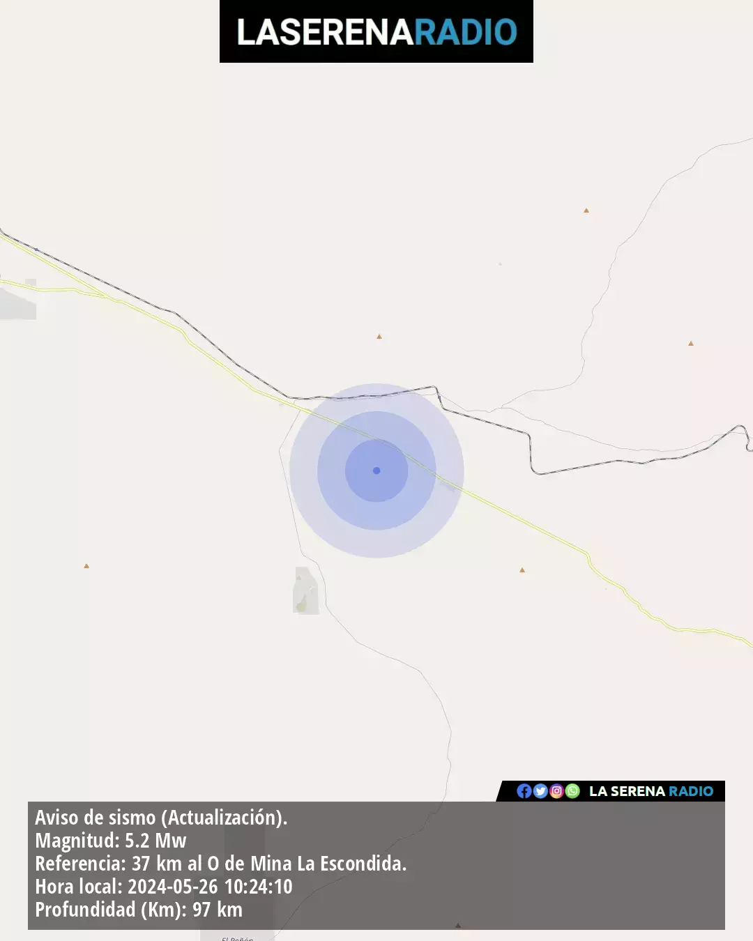 Sismo de mediana intensidad a 37 kilómetros al oeste de Mina La Escondida.