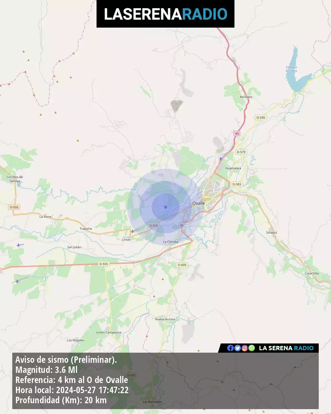 Sismo de menor intensidad a 4 kilómetros al oeste de Ovalle