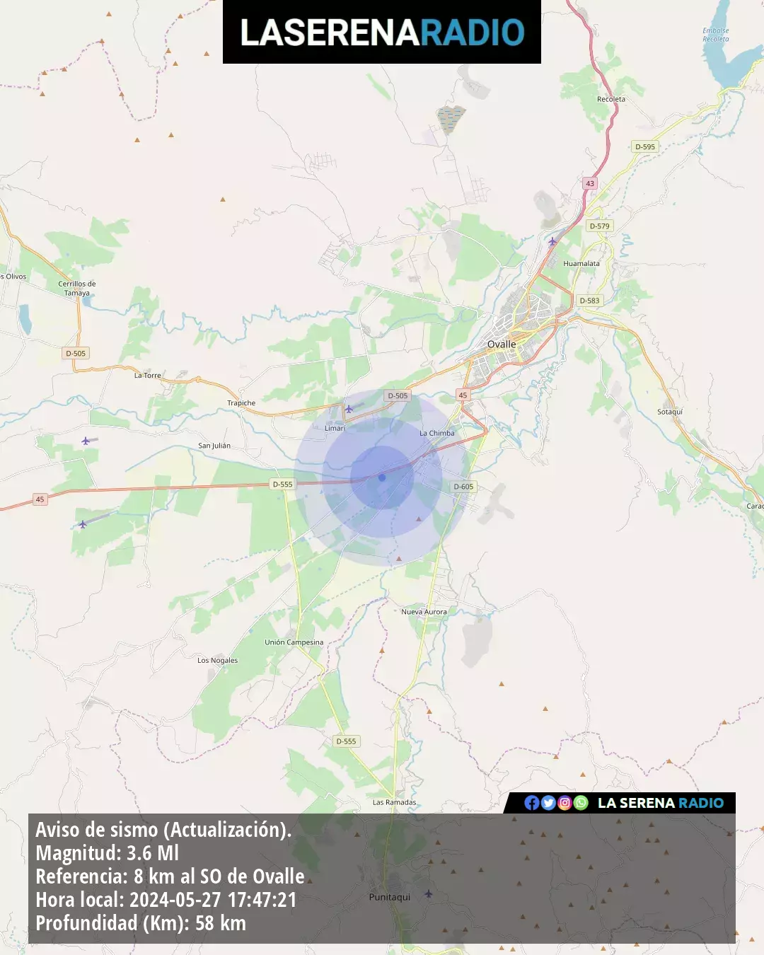 Sismo de menor intensidad a 8 kilómetros al suroeste de Ovalle