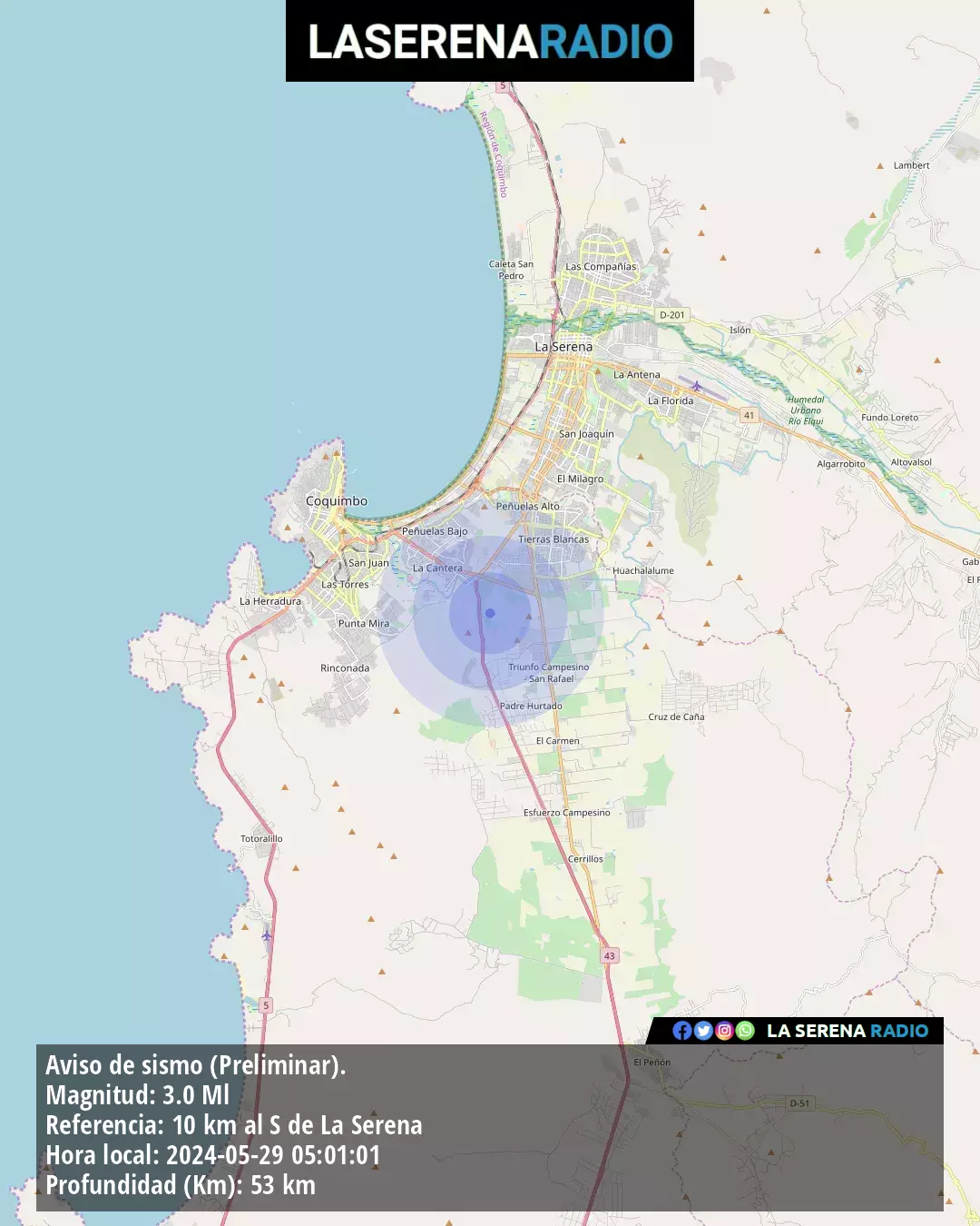 Sismo de menor intensidad a 10 kilómetros al sur de La Serena