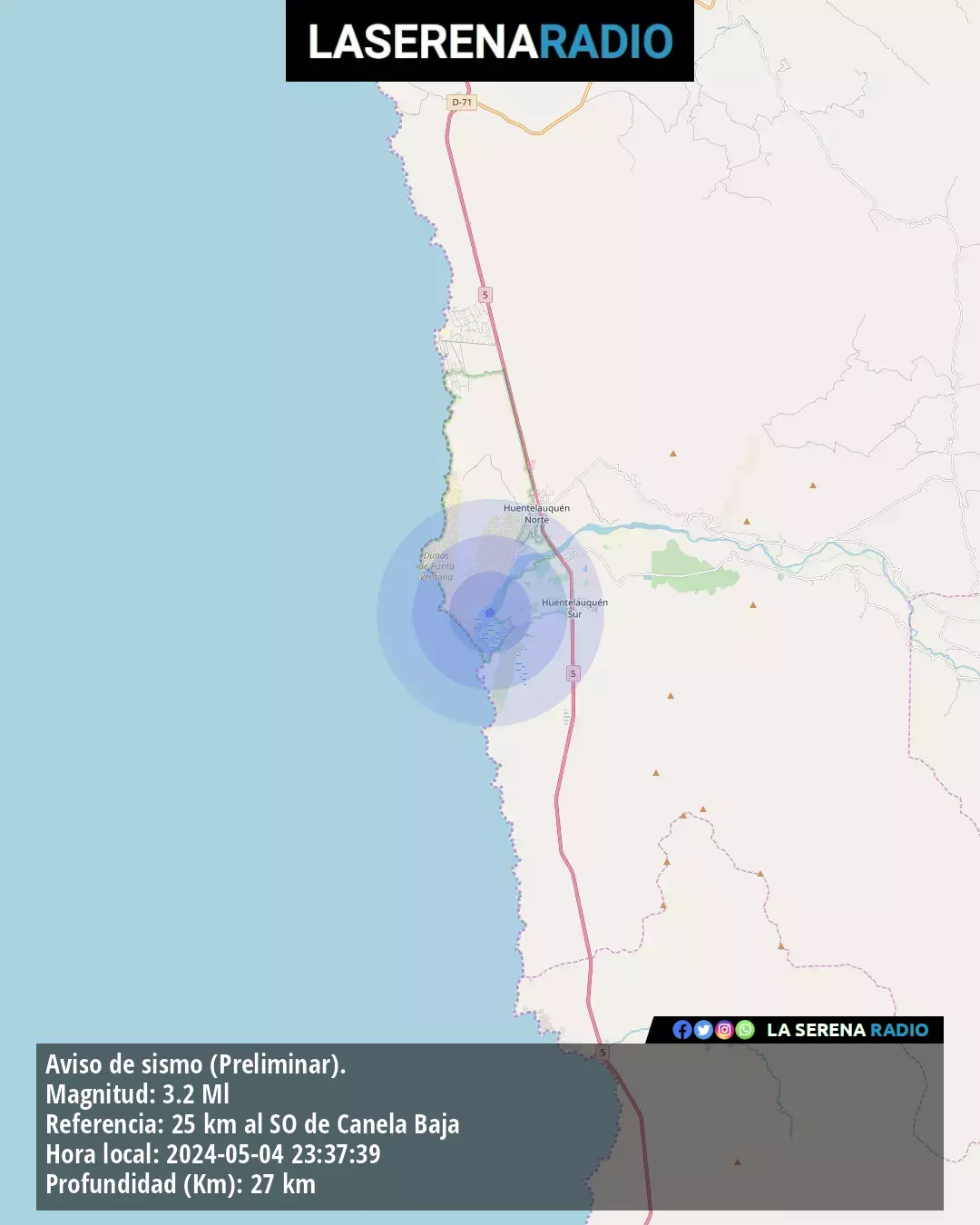 Sismo de menor intensidad a 25 kilómetros al suroeste de Canela Baja