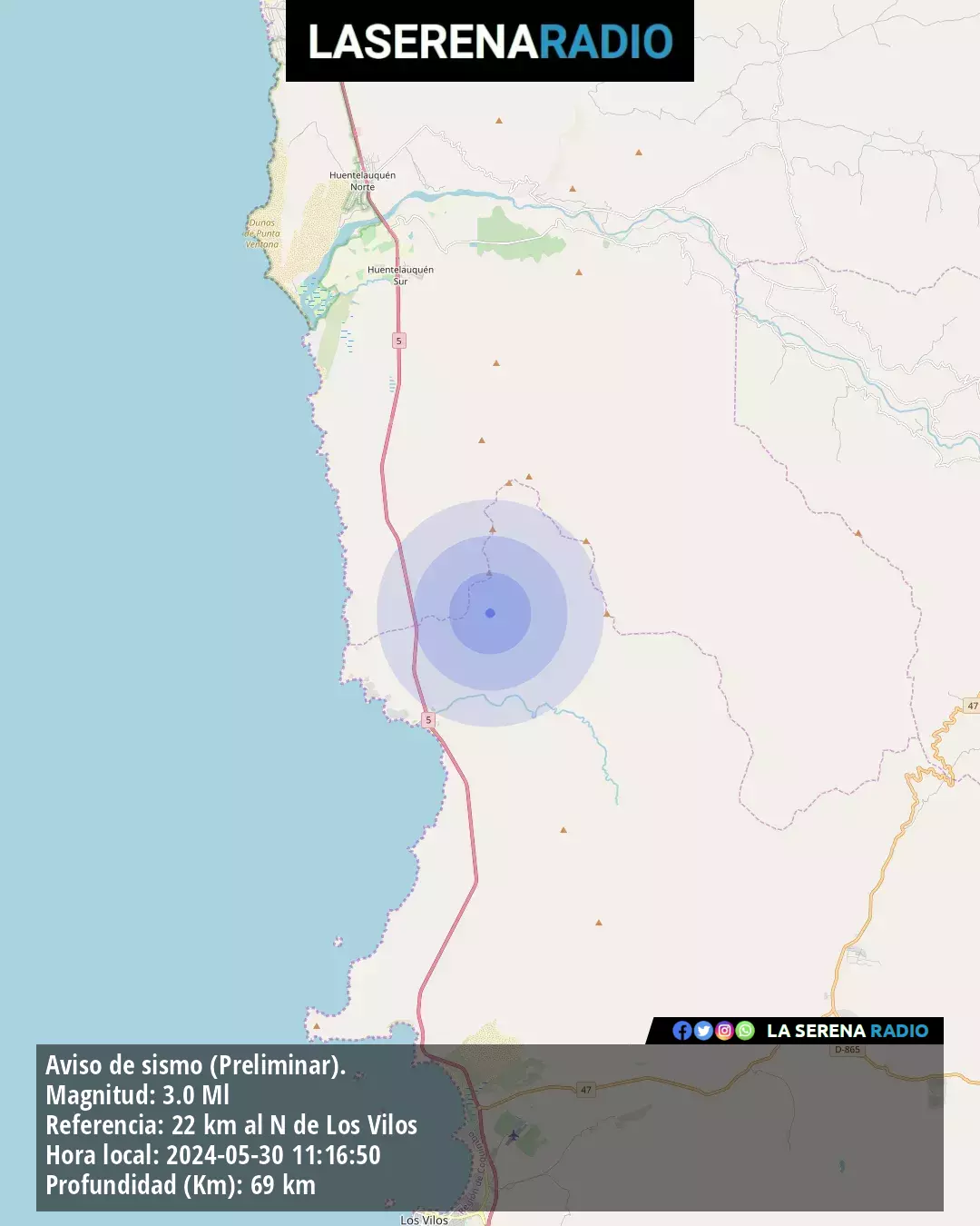 Sismo de menor intensidad a 22 kilómetros al norte de Los Vilos