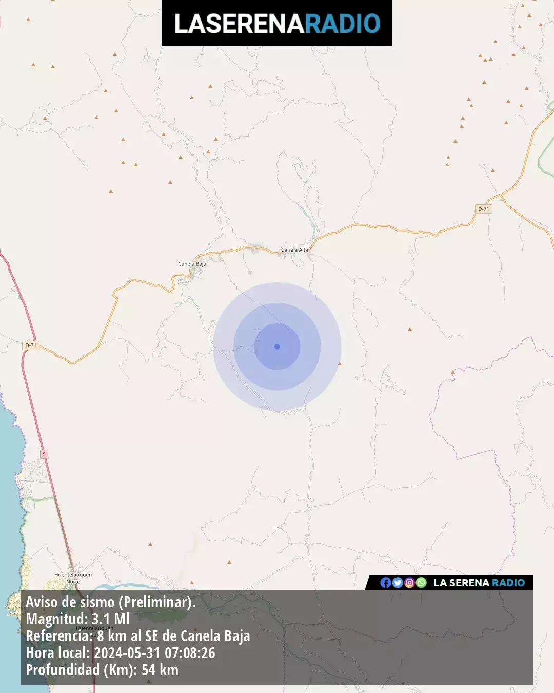 Sismo de menor intensidad a 8 kilómetros al sureste de Canela Baja