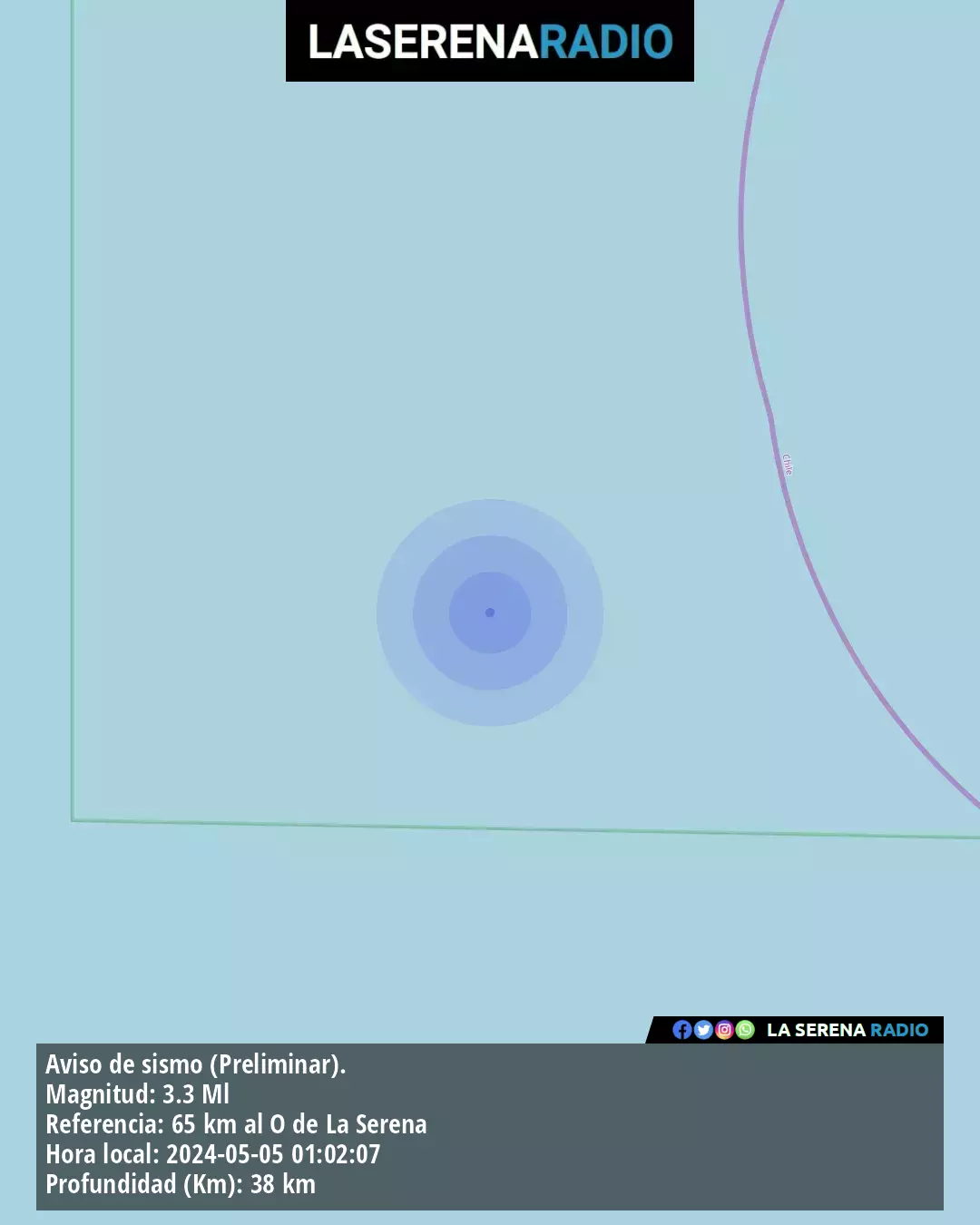 Sismo de menor intensidad a 65 kilómetros al oeste de La Serena