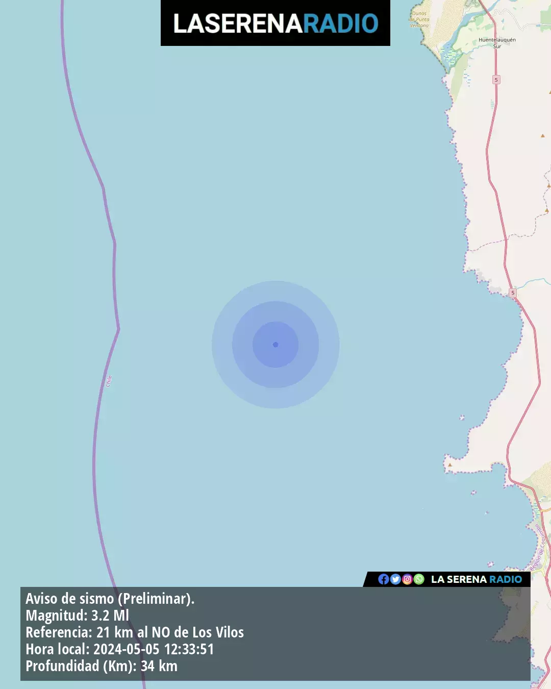 Sismo de menor intensidad a 21 kilómetros al noroeste de Los Vilos