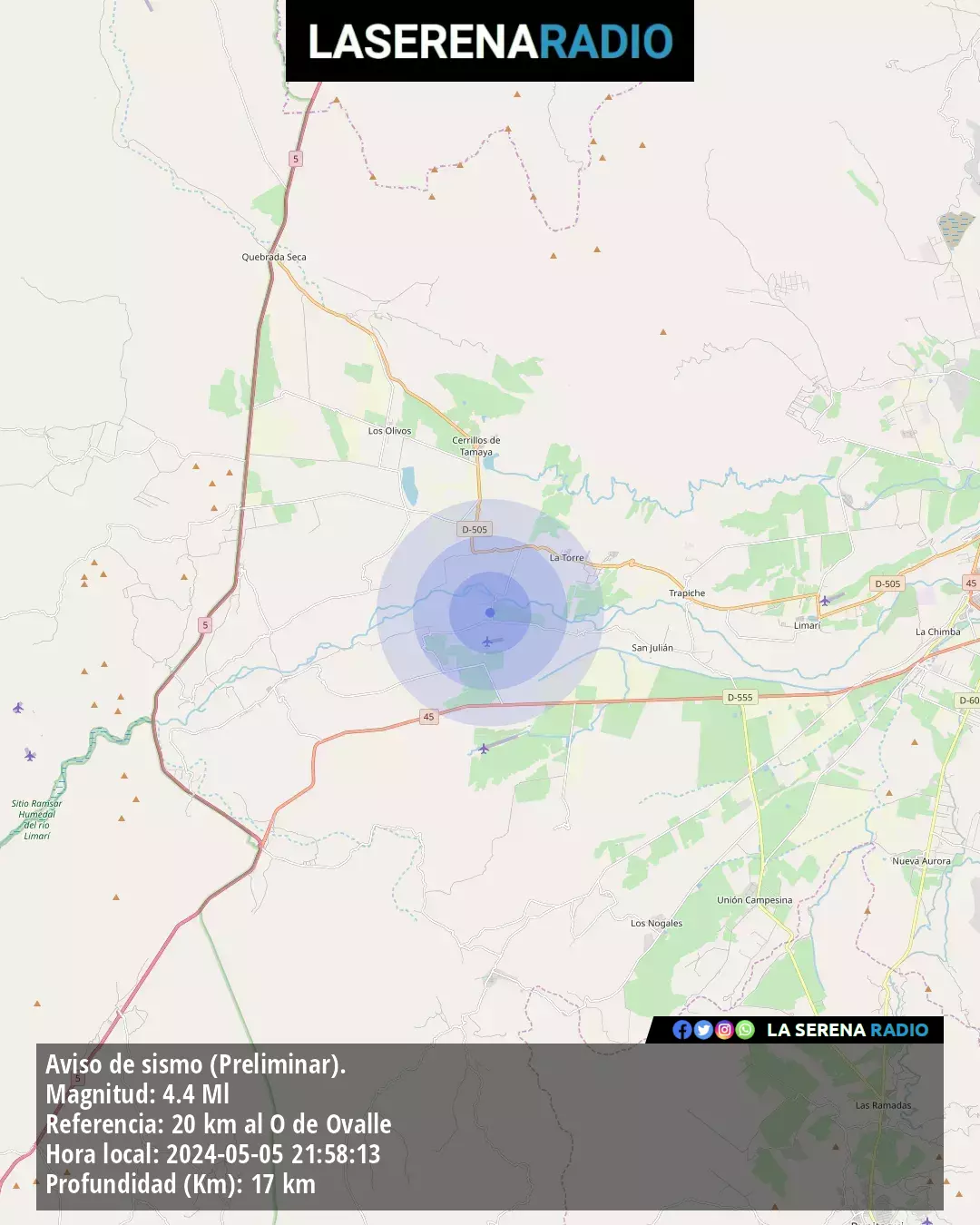 Sismo de mediana intensidad a 20 kilómetros al oeste de Ovalle