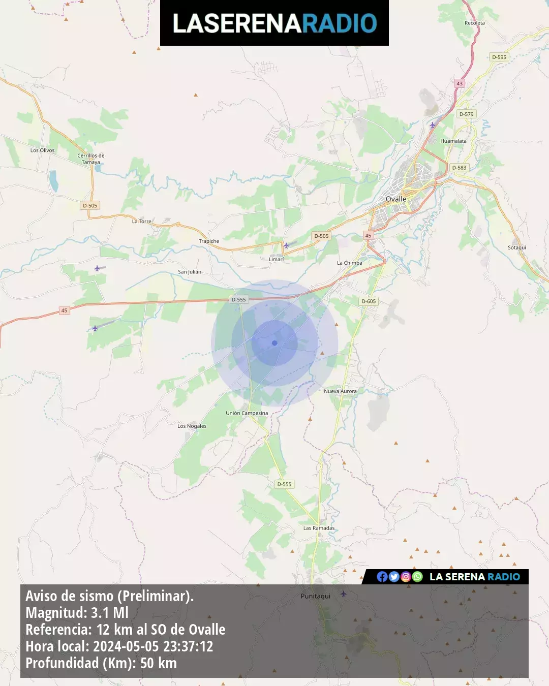 Sismo de menor intensidad a 12 kilómetros al suroeste de Ovalle