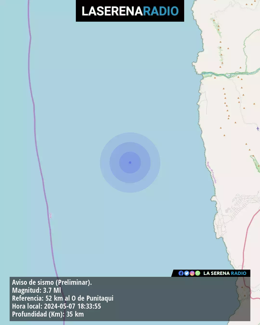 Sismo de menor intensidad a 52 kilómetros al oeste de Punitaqui