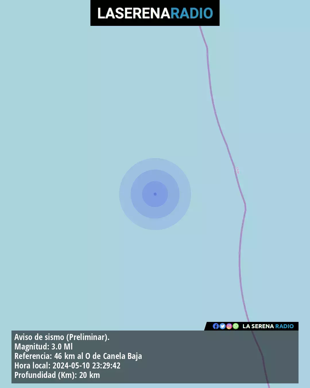 Sismo de menor intensidad a 46 kilómetros al oeste de Canela Baja