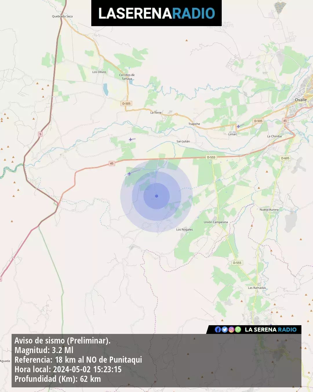 Sismo de menor intensidad a 18 kilómetros al noroeste de Punitaqui