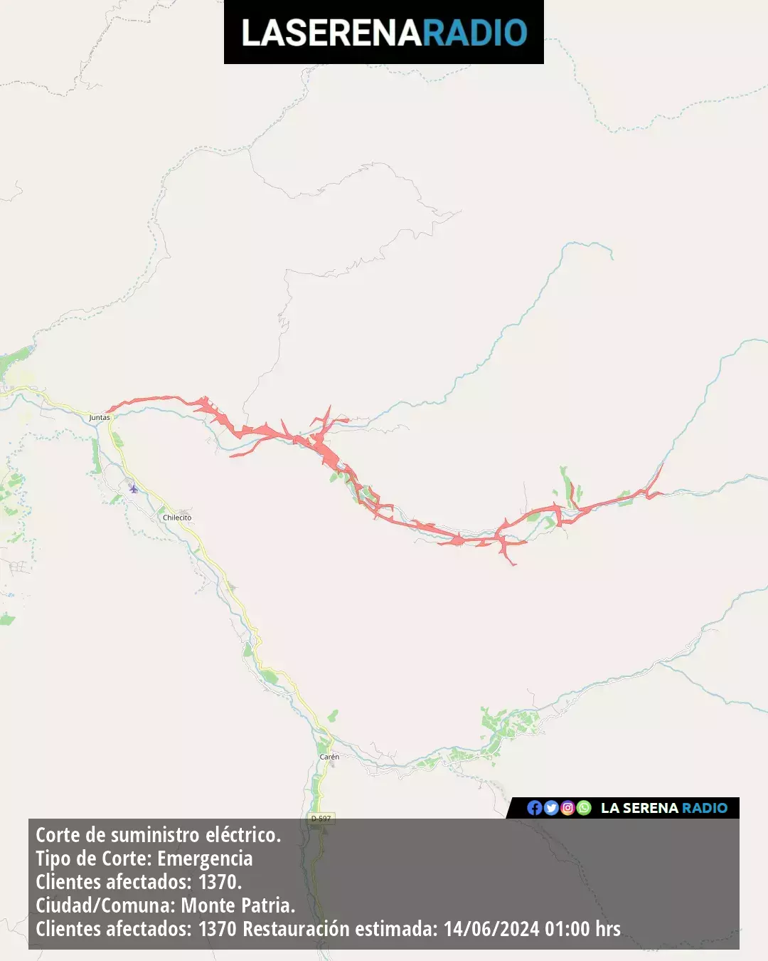 Corte de suministro eléctrico afecta a 1370 clientes en Monte Patria