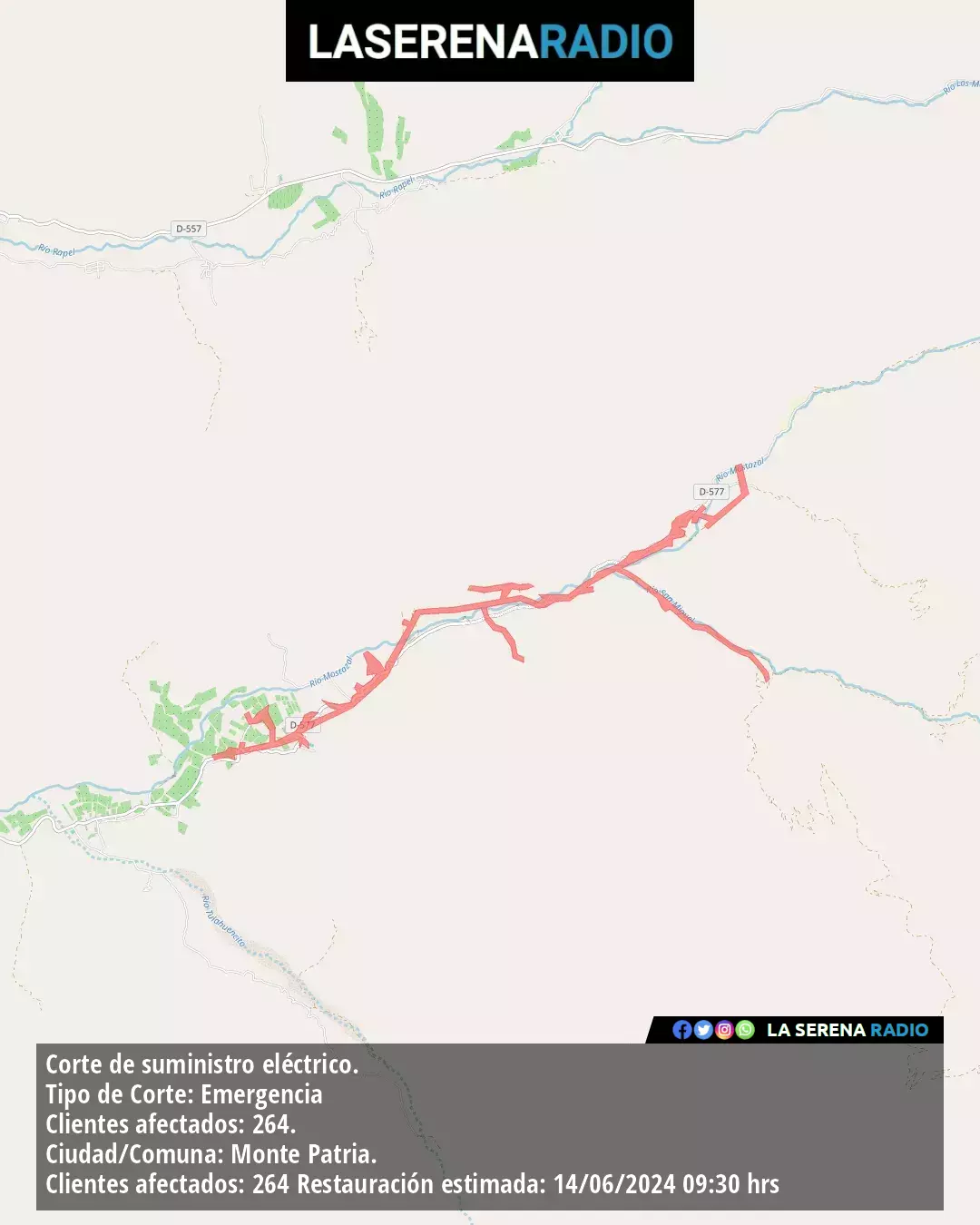 Corte de suministro eléctrico afecta a 264 clientes en Monte Patria