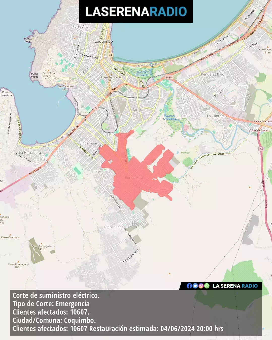 Corte de suministro eléctrico afecta a 10607 clientes en Coquimbo