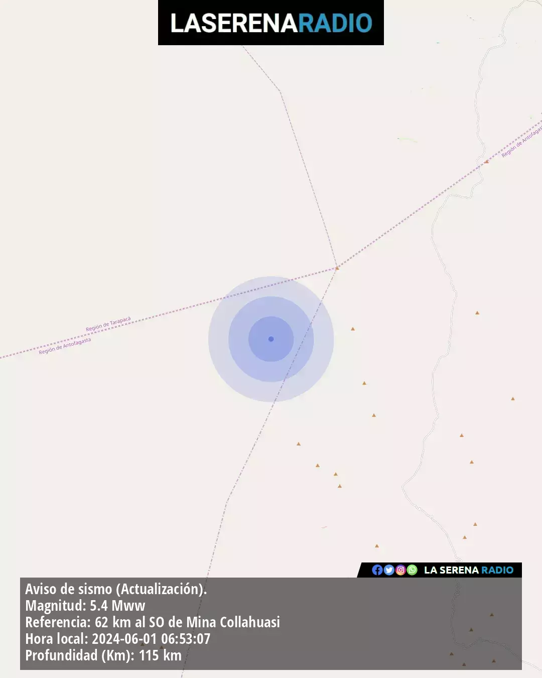 Sismo de mediana intensidad a 62 kilómetros al suroeste de Mina Collahuasi