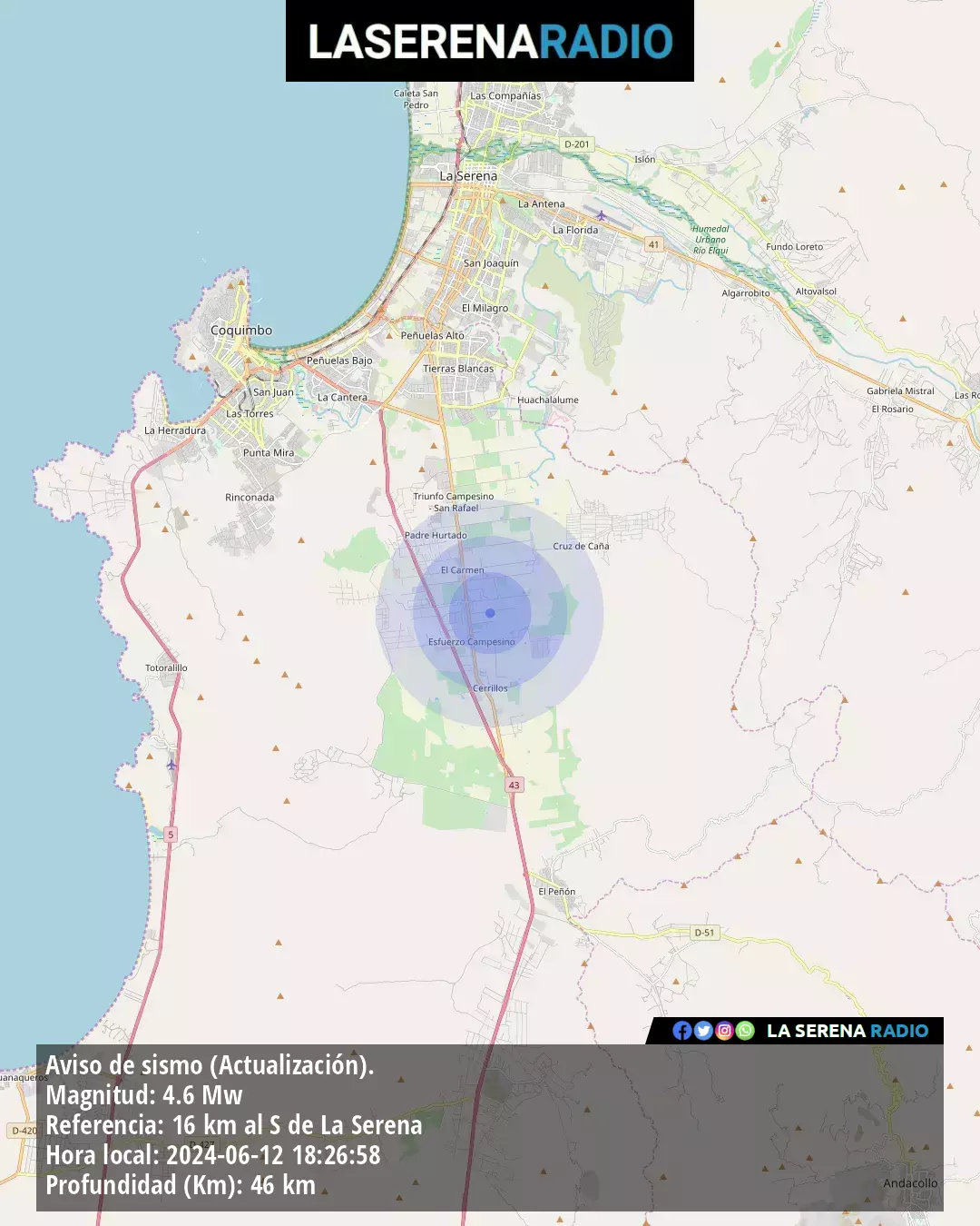 Sismo de mediana intensidad a 16 kilómetros al sur de La Serena