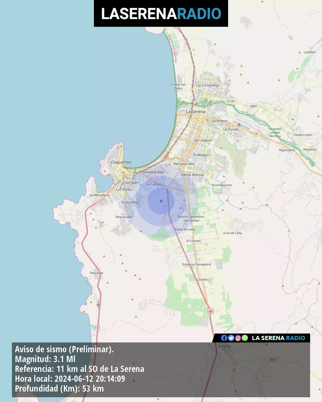 Sismo de menor intensidad a 11 kilómetros al suroeste de La Serena