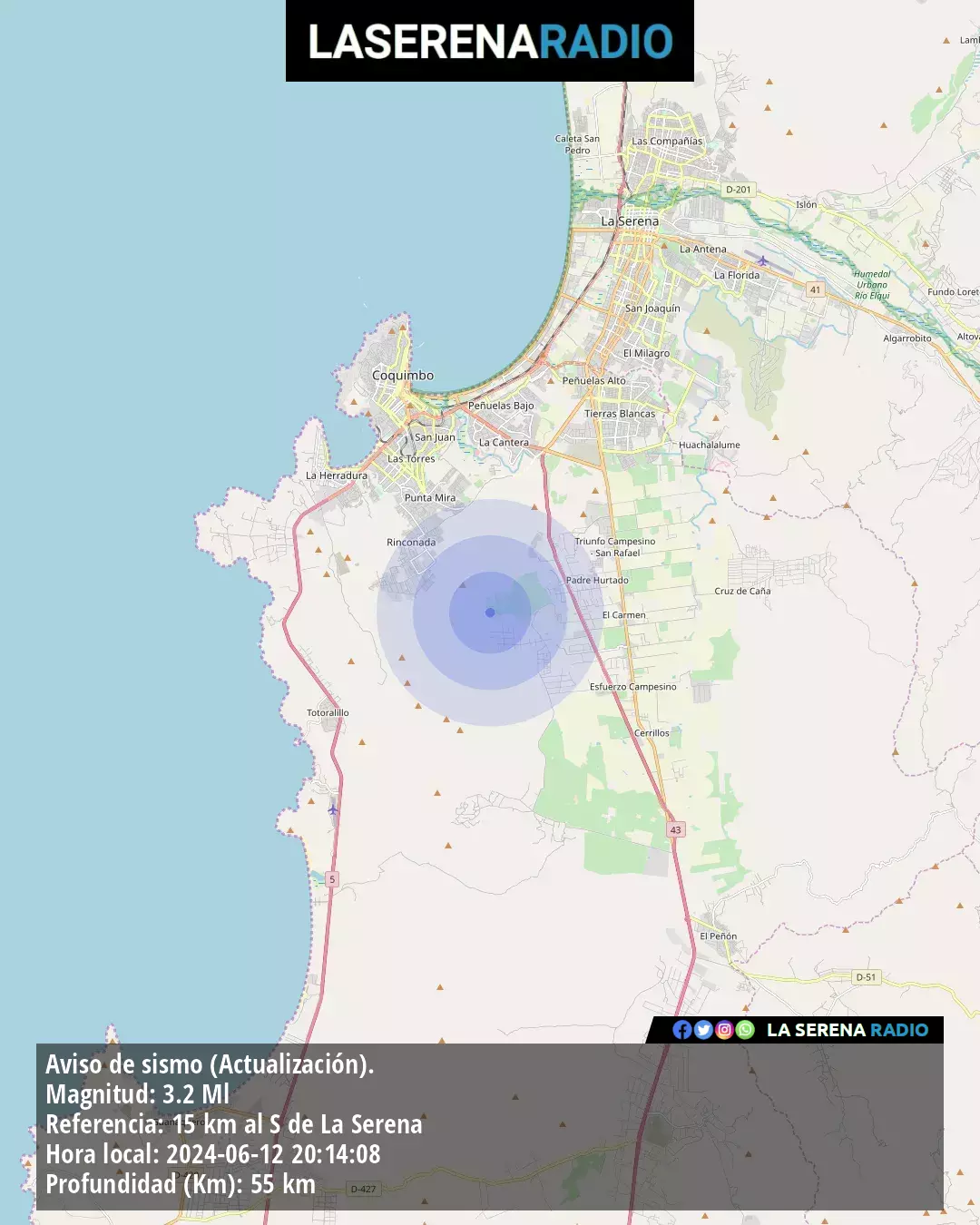 Sismo de menor intensidad a 15 kilómetros al sur de La Serena