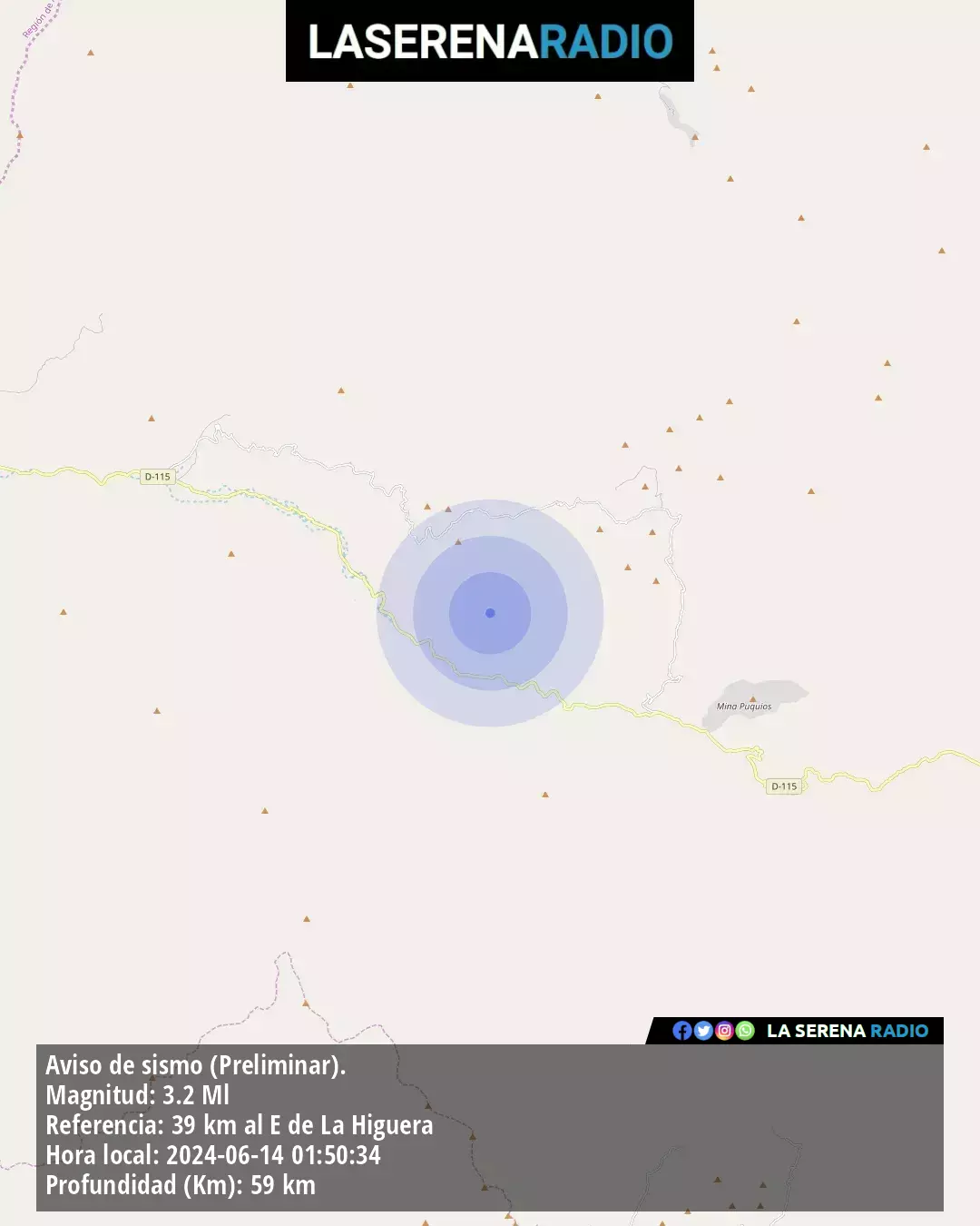 Sismo de menor intensidad a 39 kilómetros al este de La Higuera