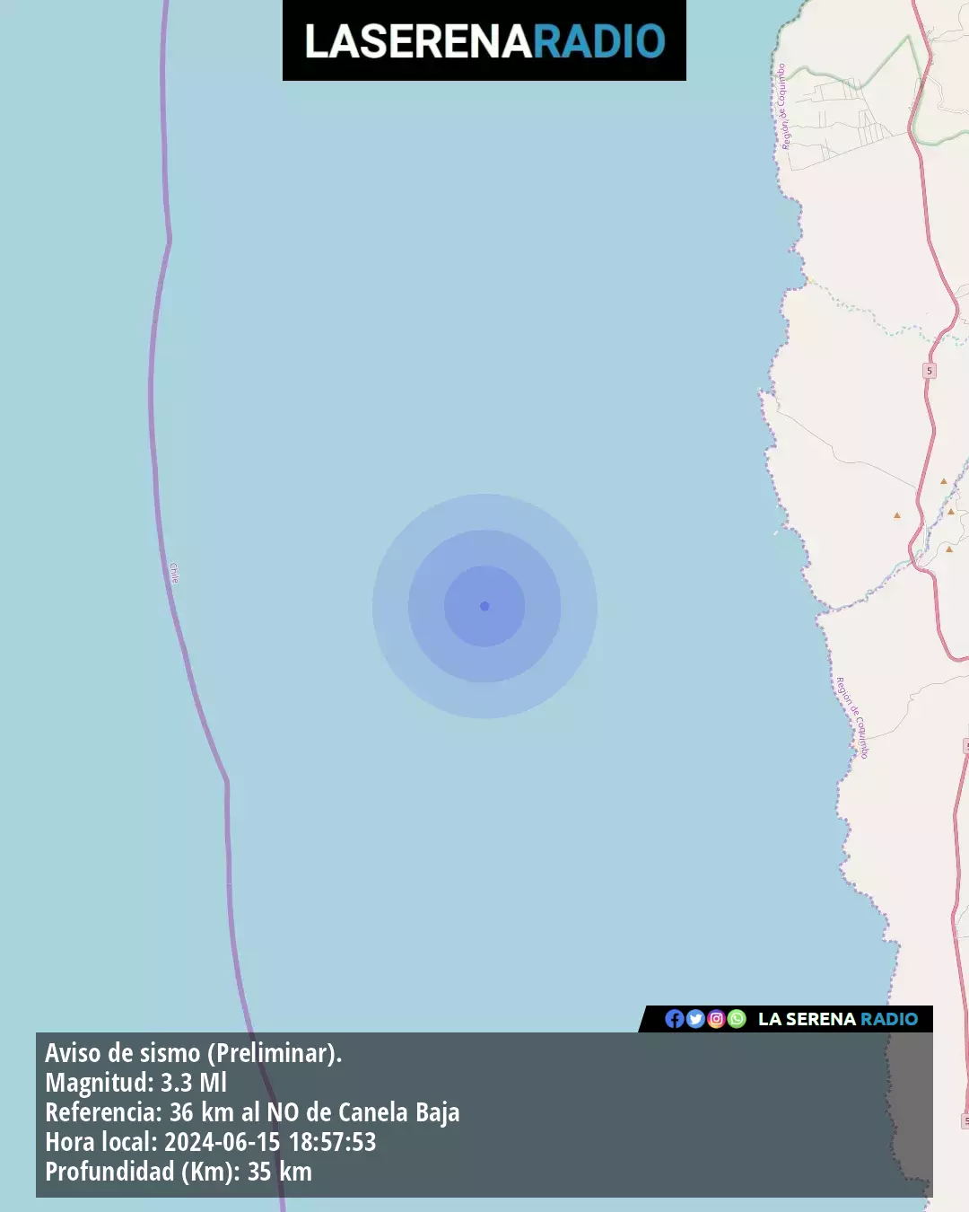 Sismo de menor intensidad a 36 kilómetros al noroeste de Canela Baja