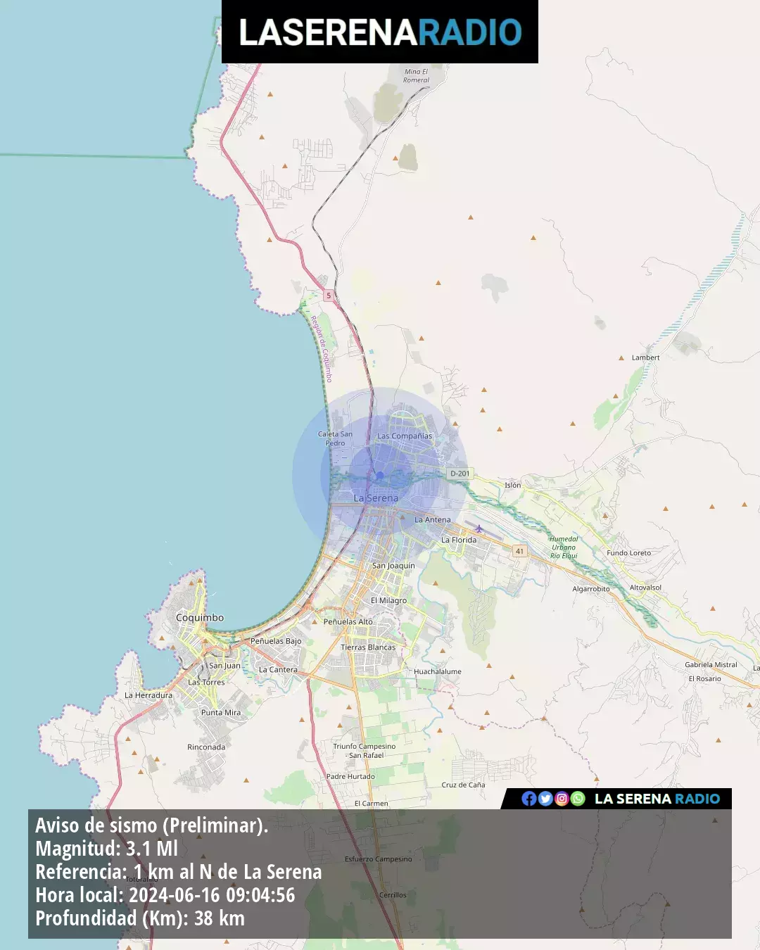 Sismo de menor intensidad a 1 kilómetros al norte de La Serena