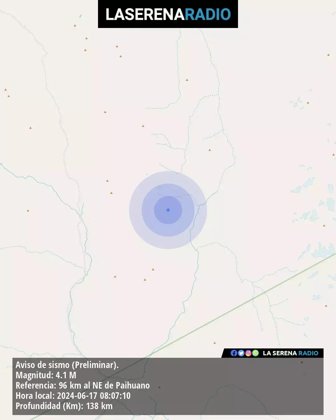 Sismo de mediana intensidad a 96 kilómetros al noreste de Paihuano