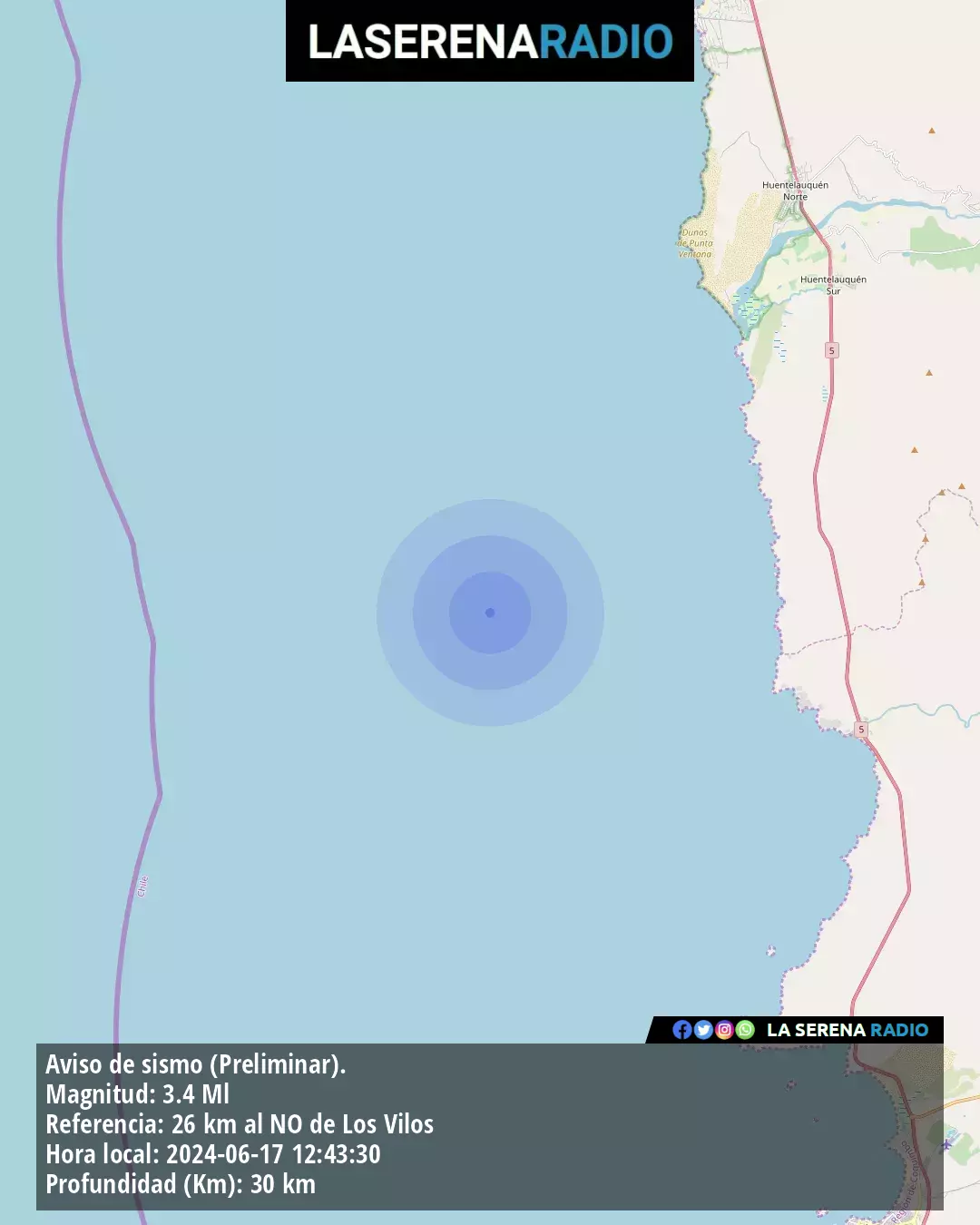 Sismo de menor intensidad a 26 kilómetros al noroeste de Los Vilos