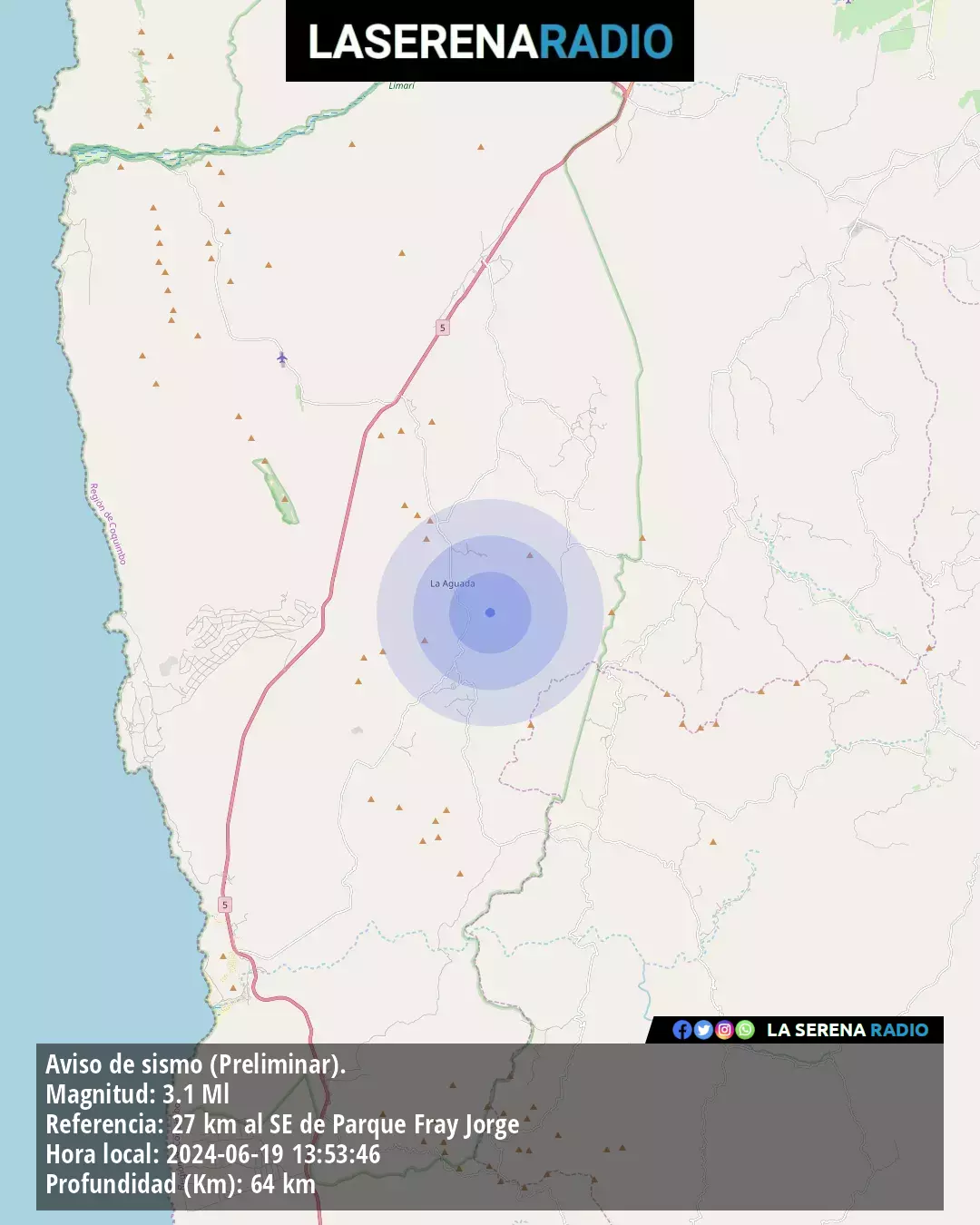 Sismo de menor intensidad a 27 kilómetros al sureste de Parque Fray Jorge