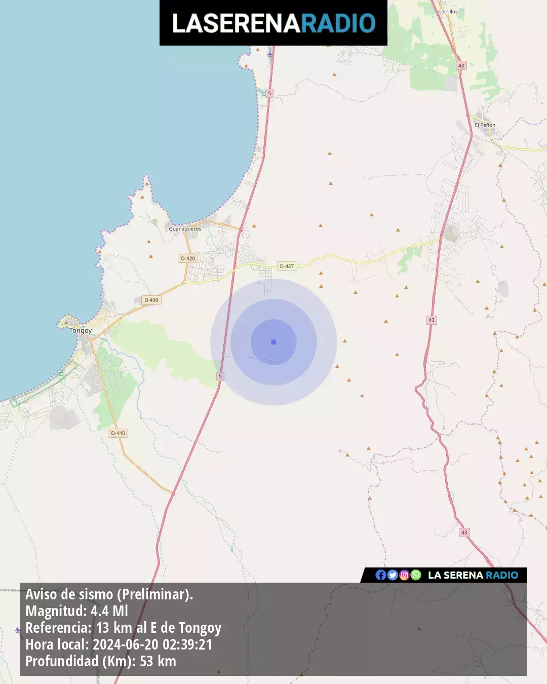 Sismo de mediana intensidad a 13 kilómetros al este de Tongoy