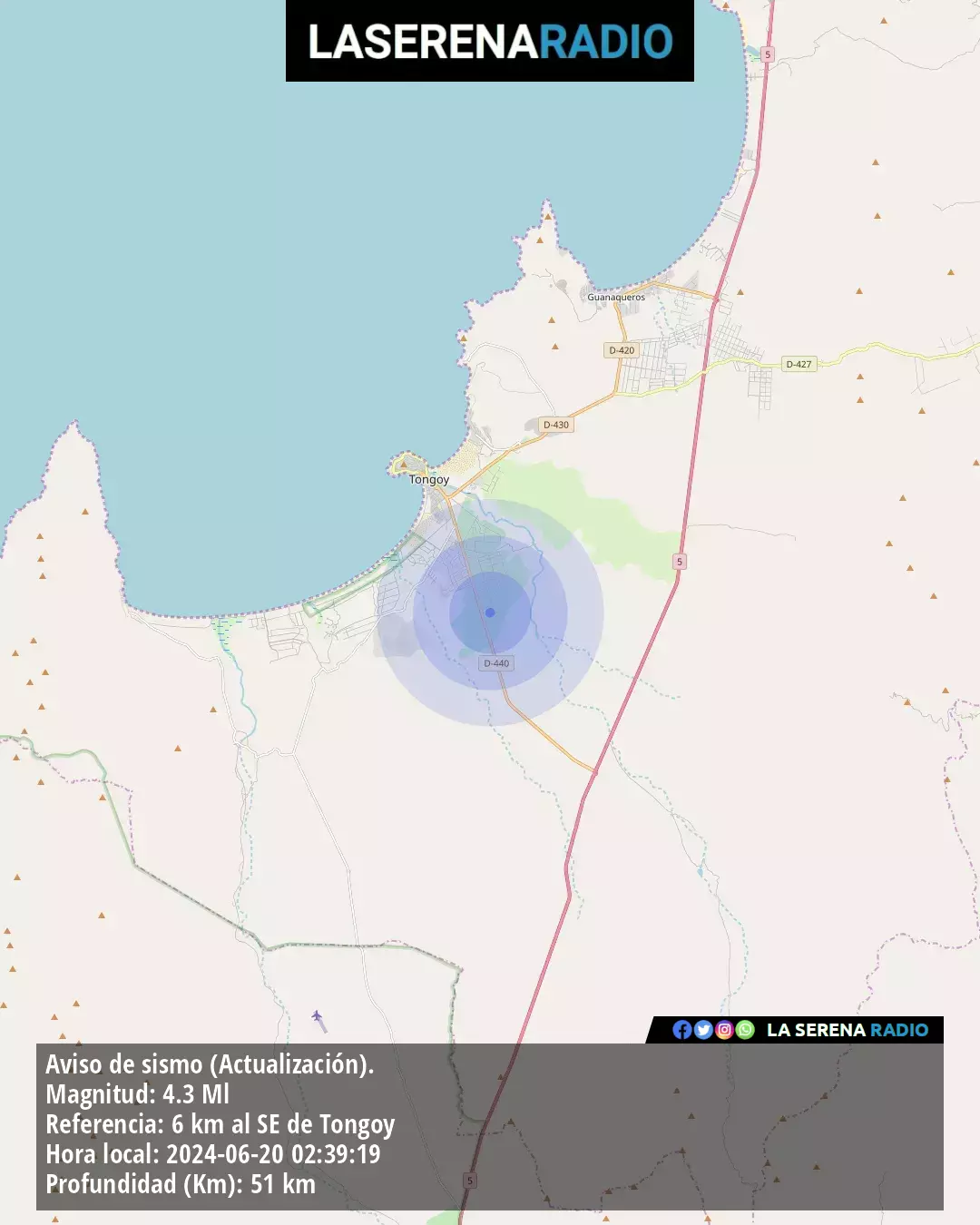 Sismo de mediana intensidad a 6 kilómetros al sureste de Tongoy