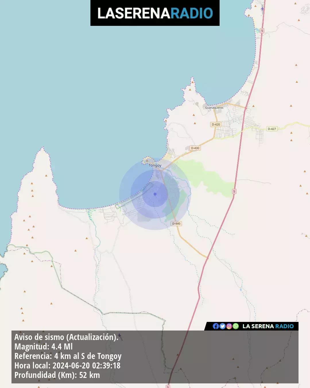 Sismo de mediana intensidad a 4 kilómetros al sur de Tongoy