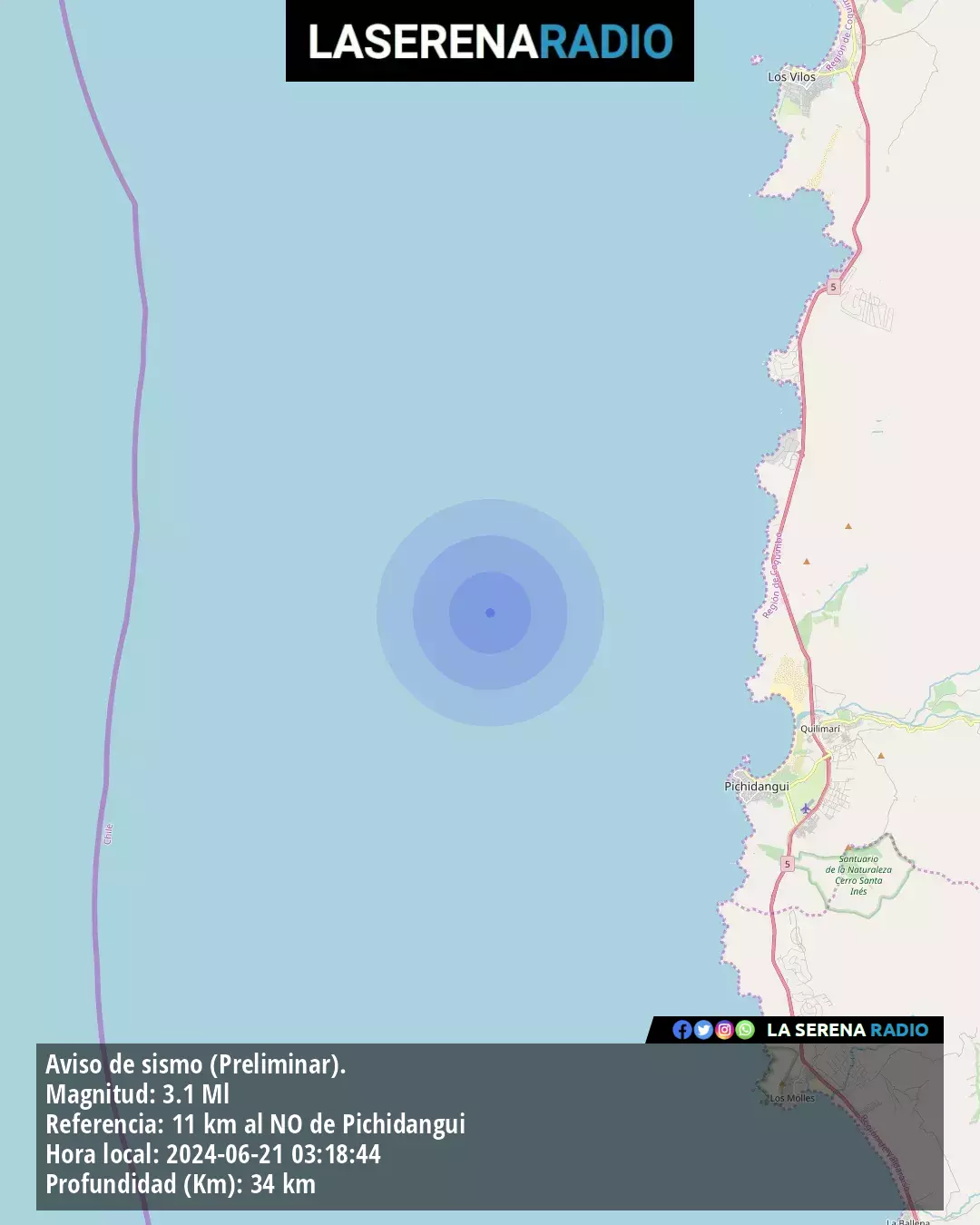 Sismo de menor intensidad a 11 kilómetros al noroeste de Pichidangui