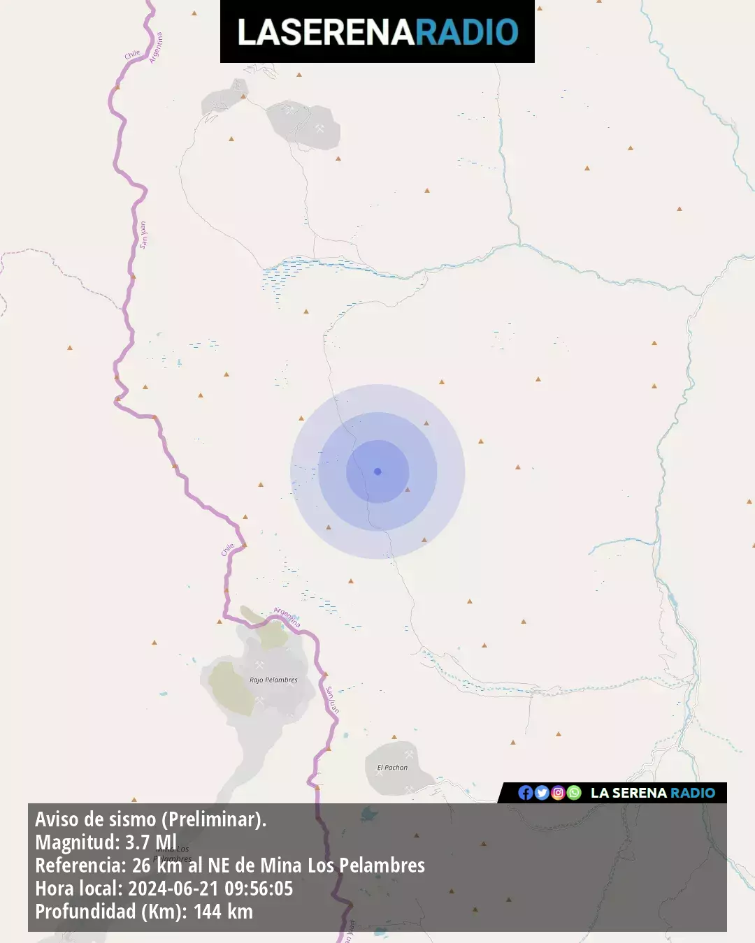 Sismo de menor intensidad a 26 kilómetros al noreste de Mina Los Pelambres