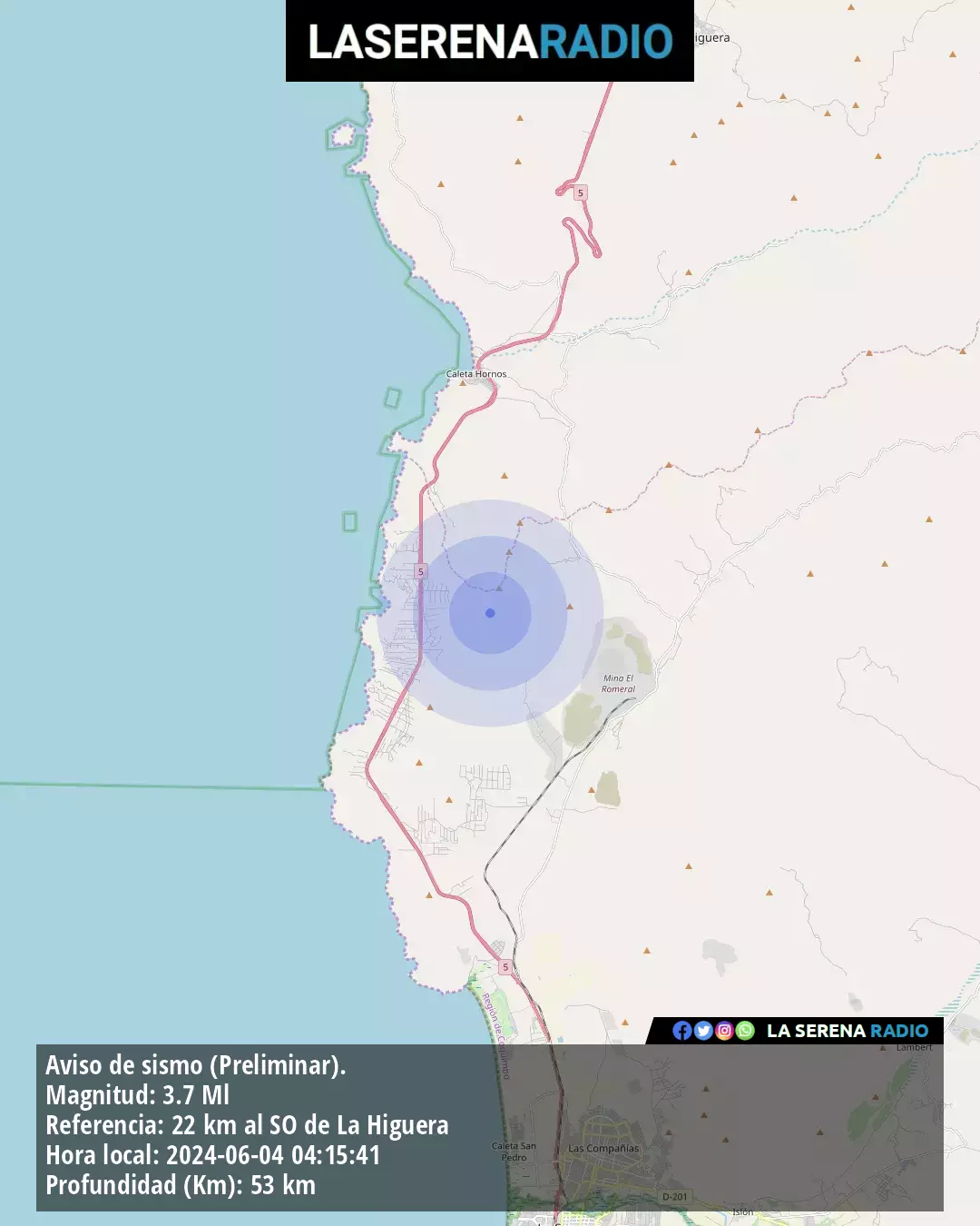 Sismo de menor intensidad a 22 kilómetros al suroeste de La Higuera