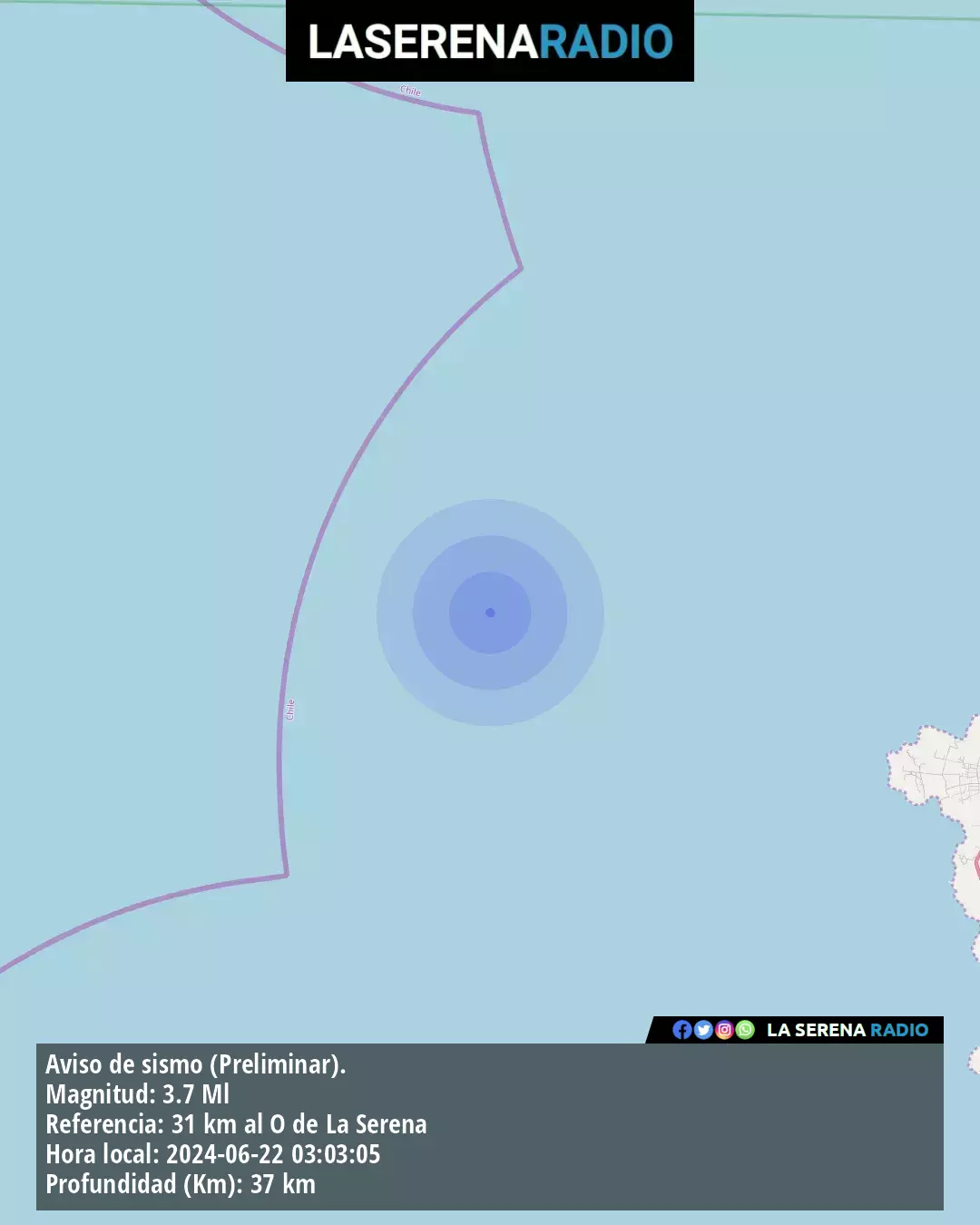 Sismo de menor intensidad a 31 kilómetros al oeste de La Serena