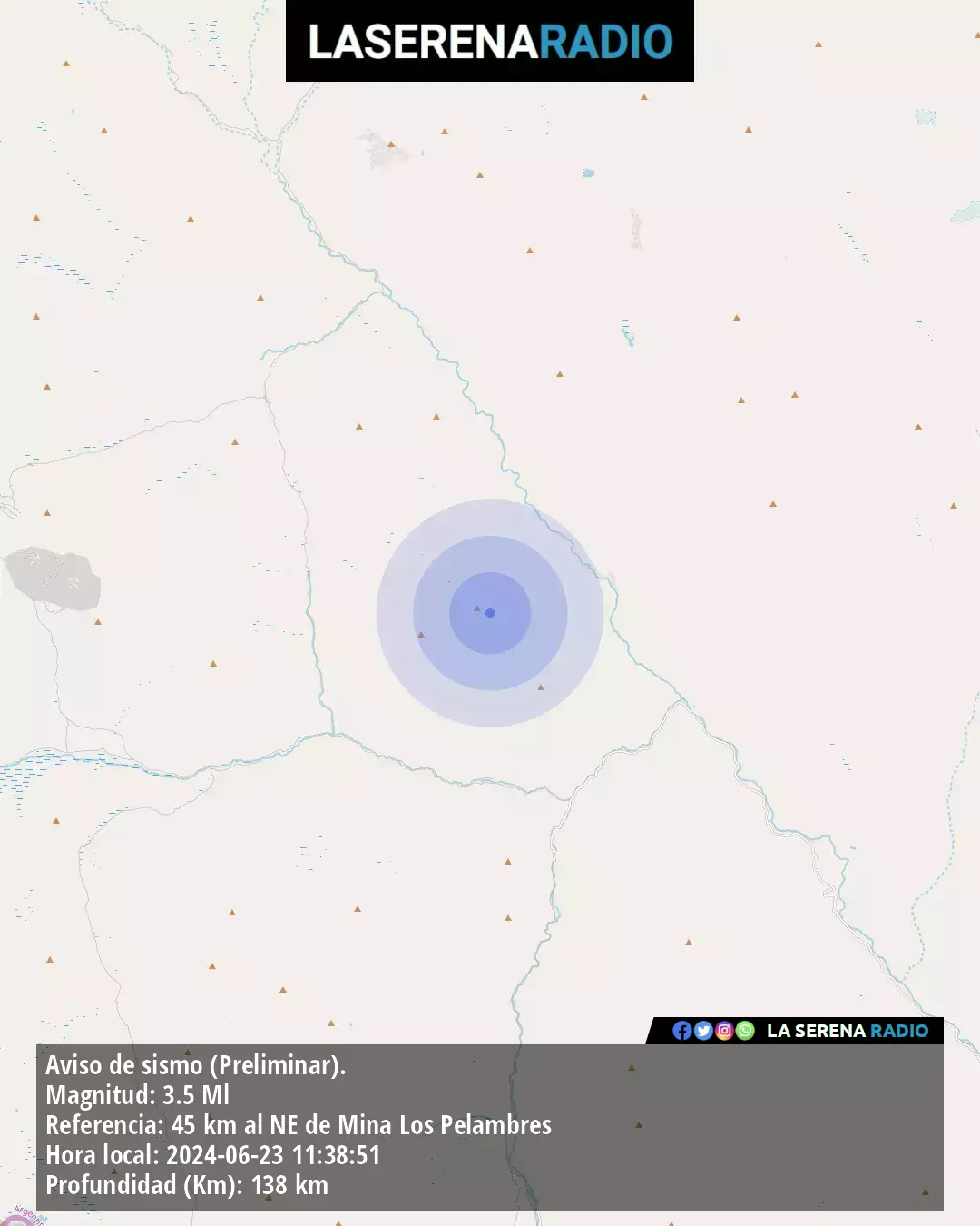 Sismo de menor intensidad a 45 kilómetros al noreste de Mina Los Pelambres