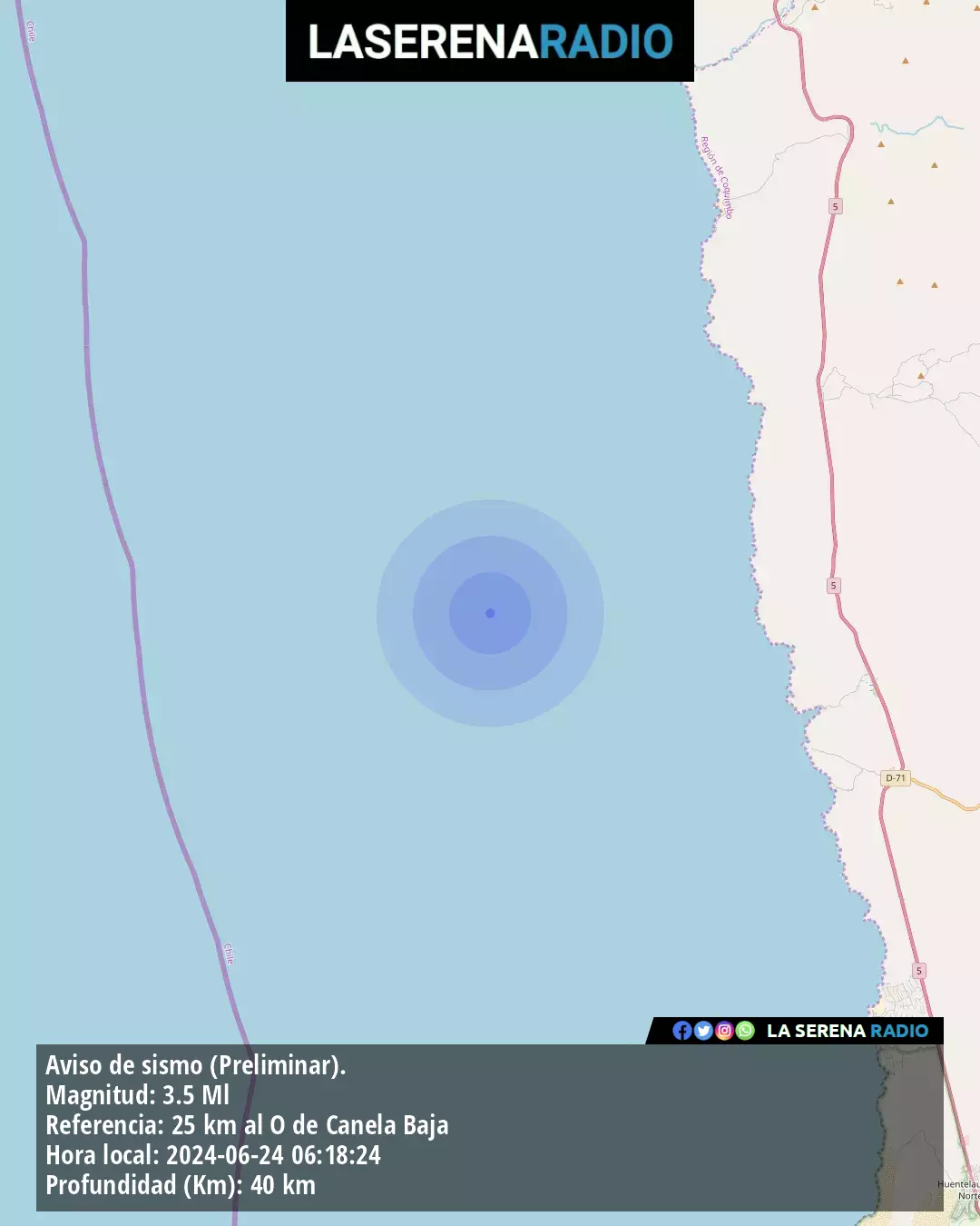 Sismo de menor intensidad a 25 kilómetros al oeste de Canela Baja